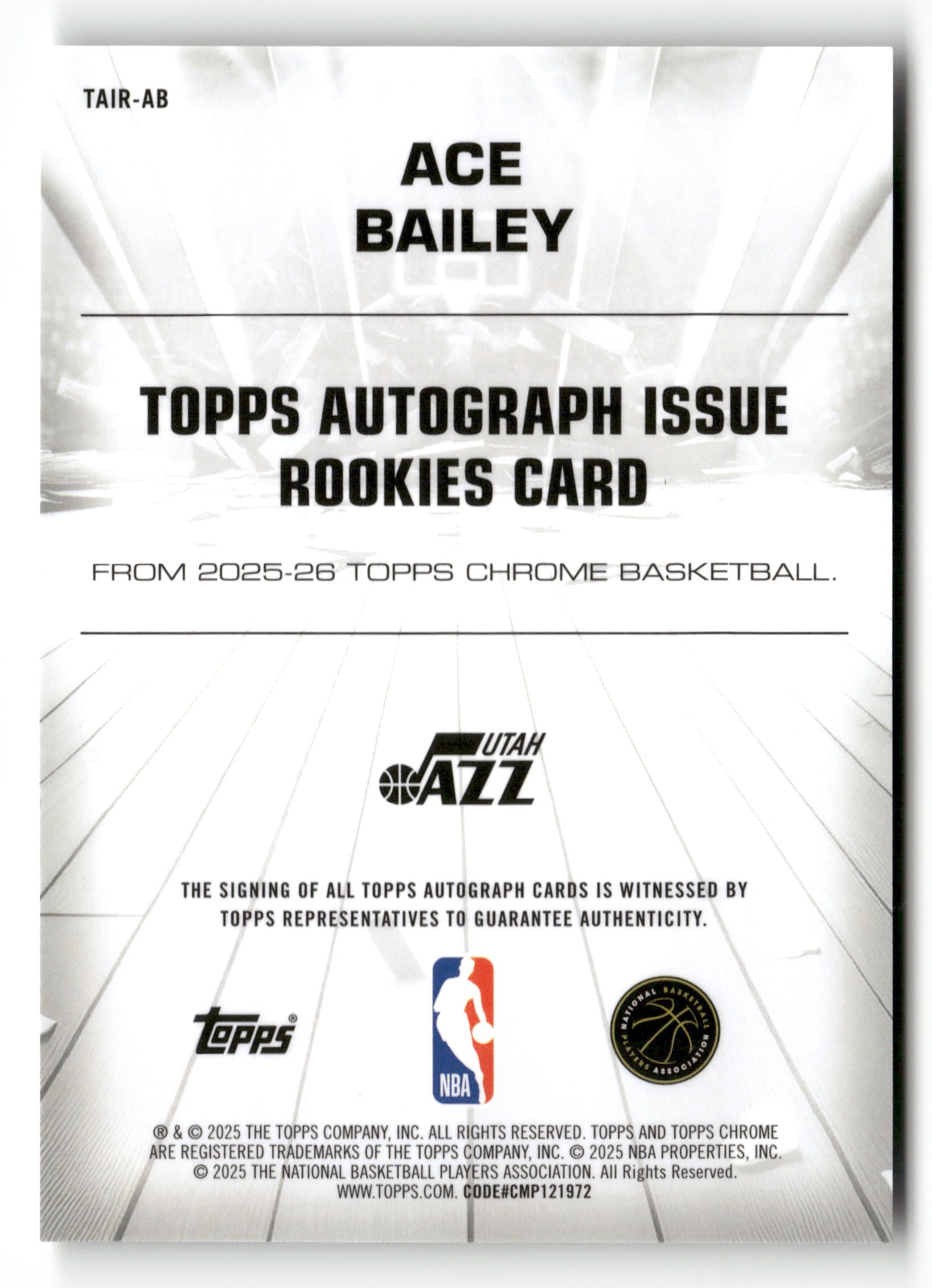 2025-26 Topps Chrome Basketball #TAIR-AB Ace Bailey Auto RC