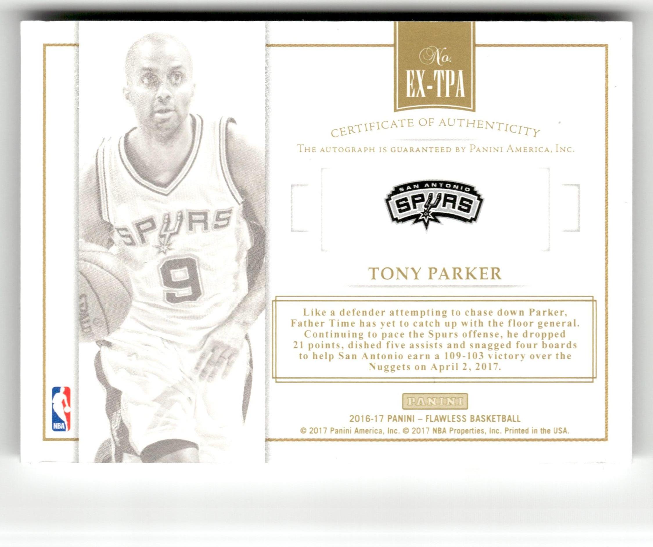 2016-17 Panini Flawless #EX-TPA Tony Parker Excellence Signatures Emerald #/5