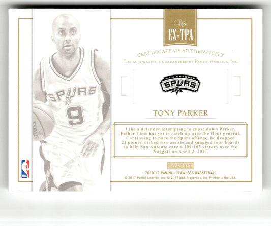 2016-17 Panini Flawless #EX-TPA Tony Parker Excellence Signatures Emerald #/5