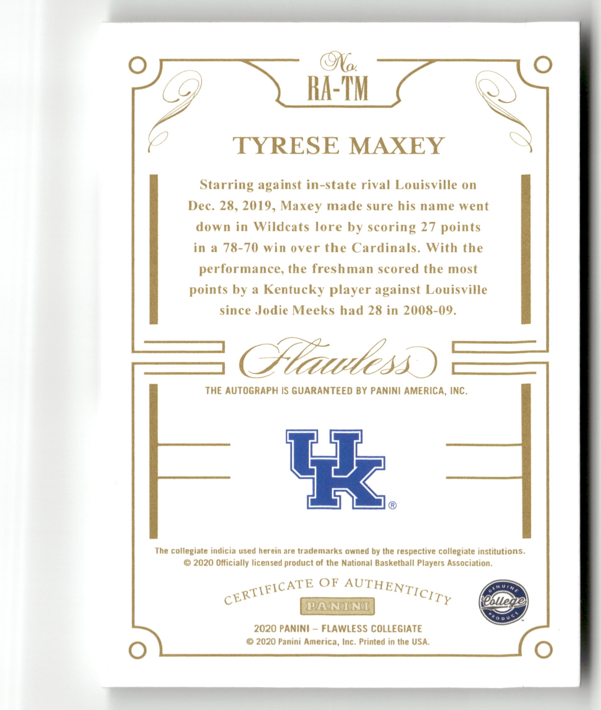 2020 Panini Flawless Collegiate #RA-TM Tyrese Maxey Rookie Autographs #/20