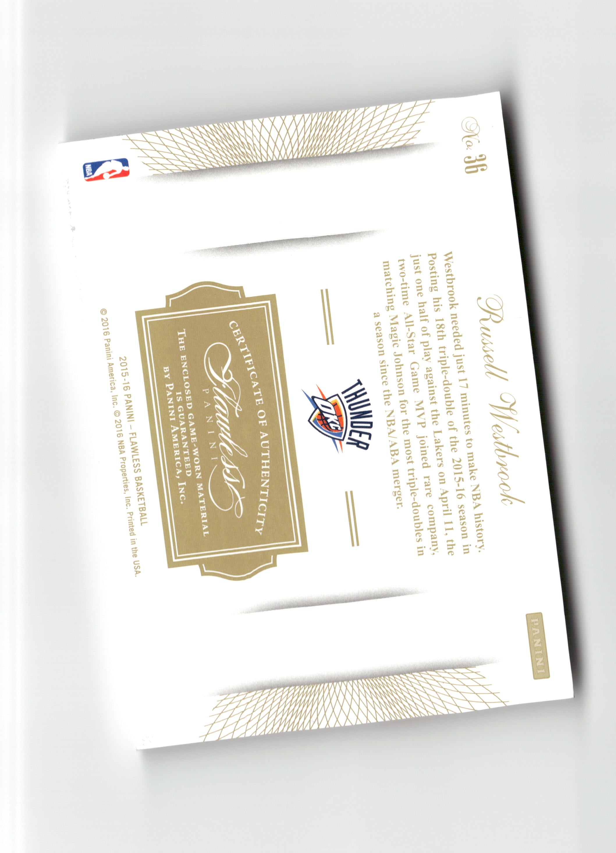 2015-16 Panini Flawless #36 Russell Westbrook Letter Patch #/25