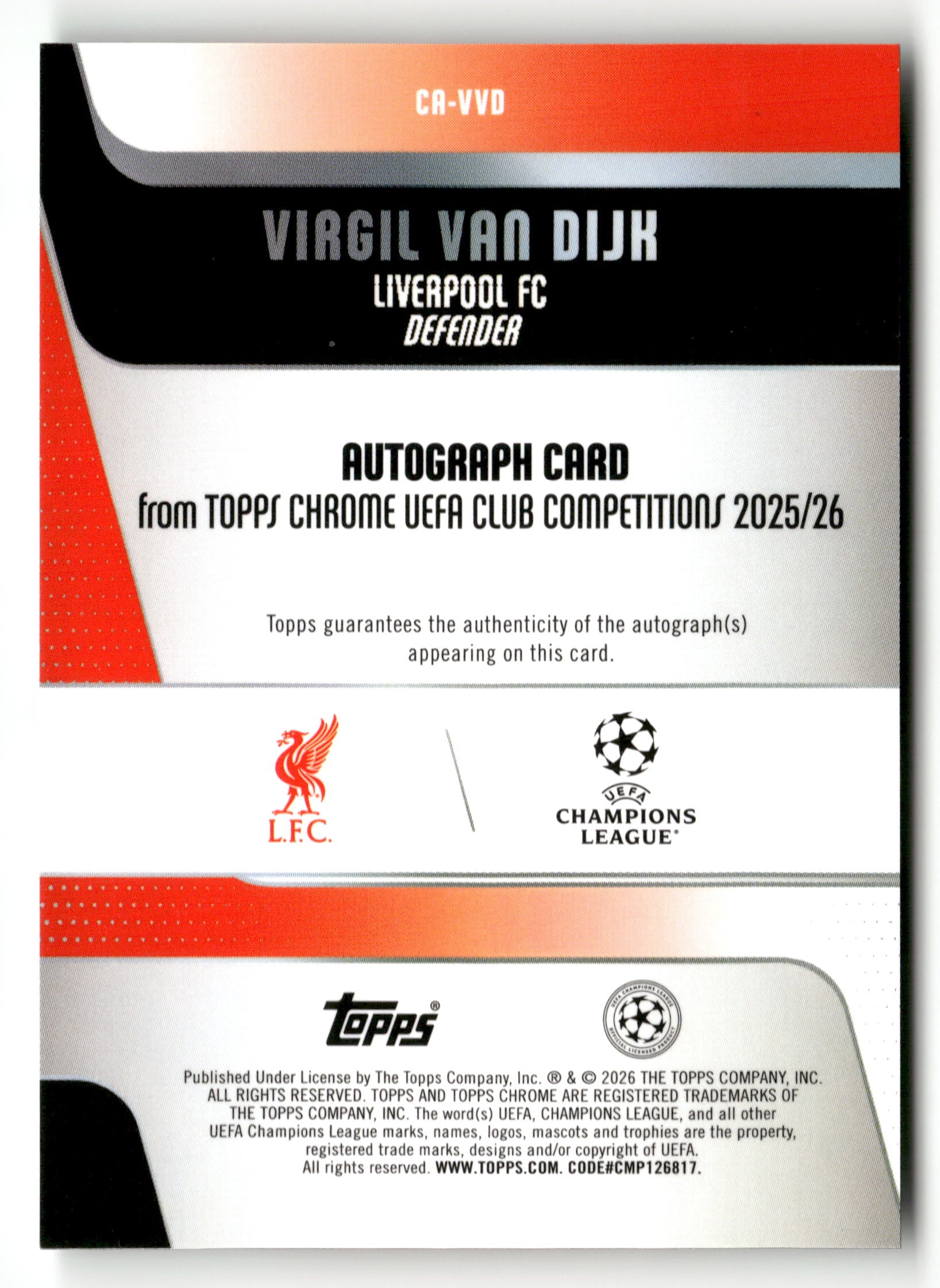 2025-26 Topps Premier League AC-VVD Virgil van Dijk Autographs Green  #/99