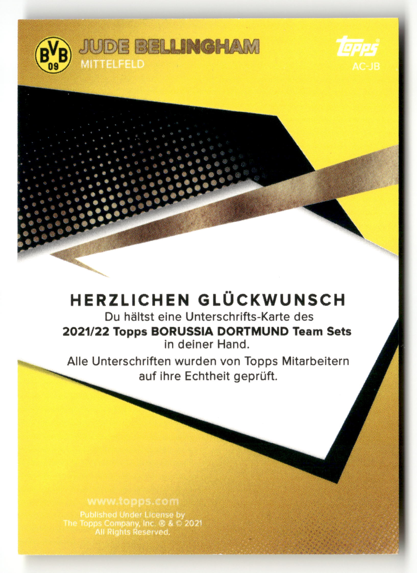 2021-22 Topps Borussia Dortmund #BVB-JB Jude Bellingham