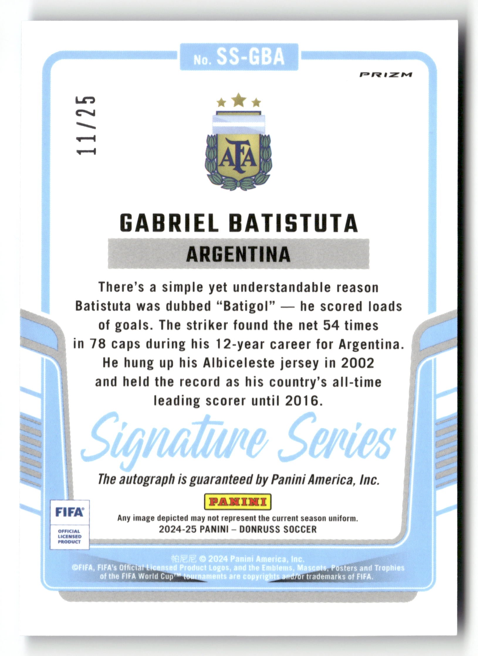 2024-25 Donruss #SS-GBA Gabriel Batistuta Signature Series Blue #/25