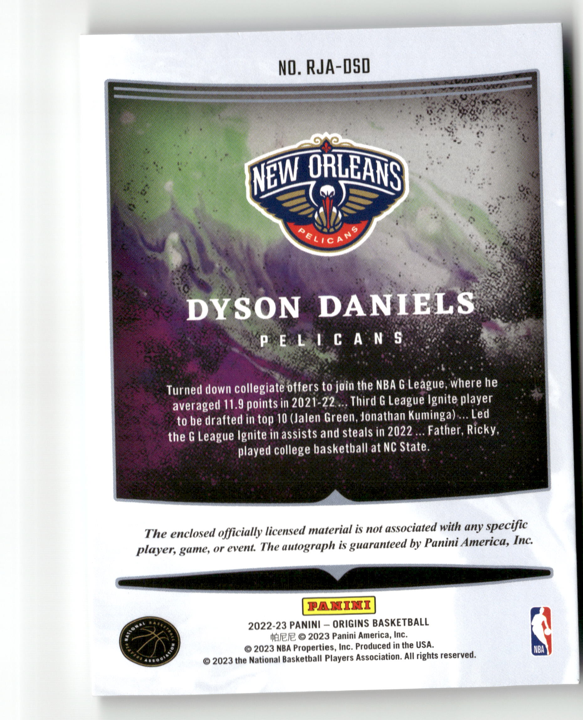 2022-23 Panini Origins #RJA-DSD Dyson Daniels Rookie Jersey Autographs