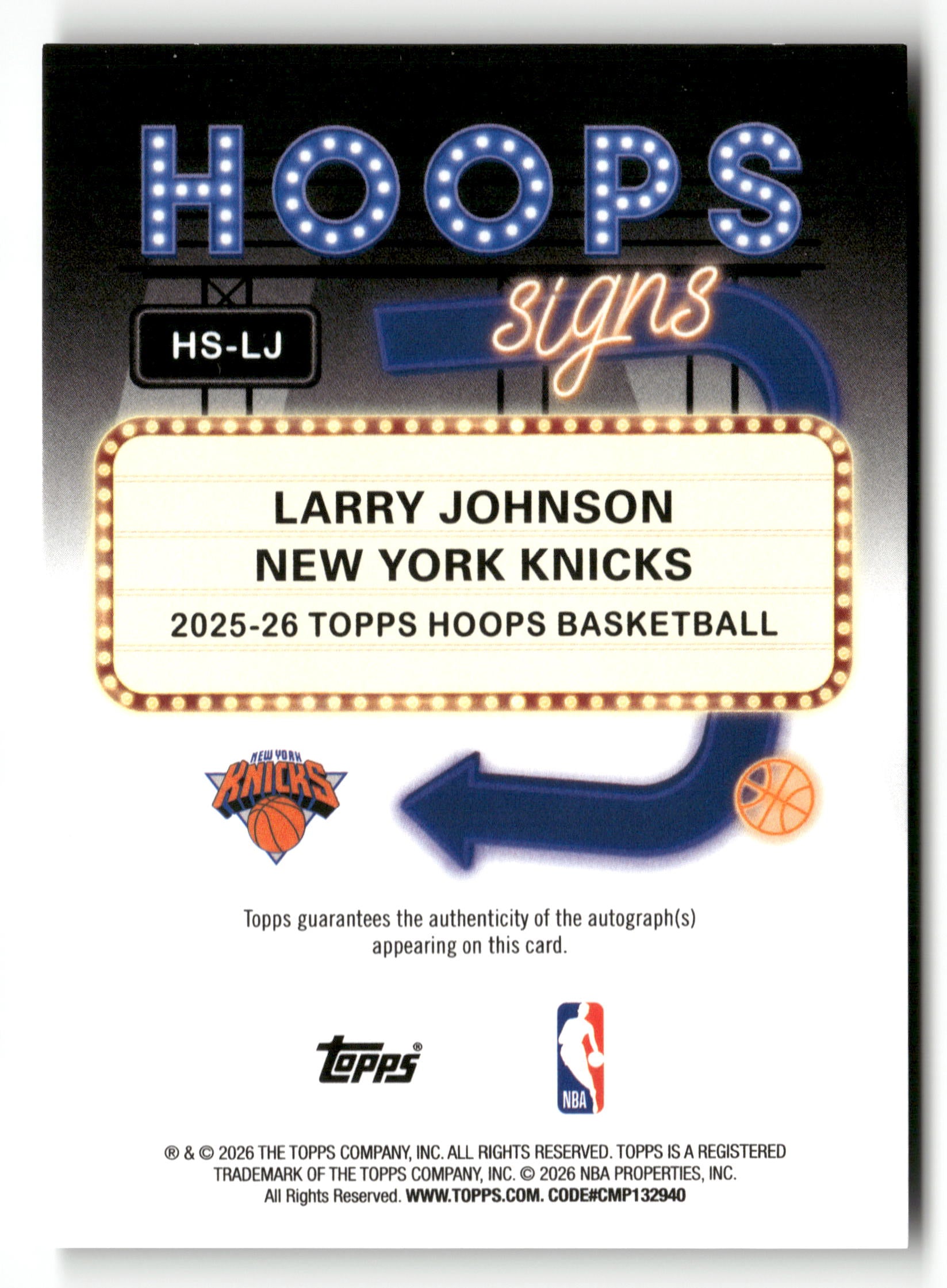 2025/26 Topps Hoops Basketball HS-LJ Larry Johnson Hoops Signs Auto