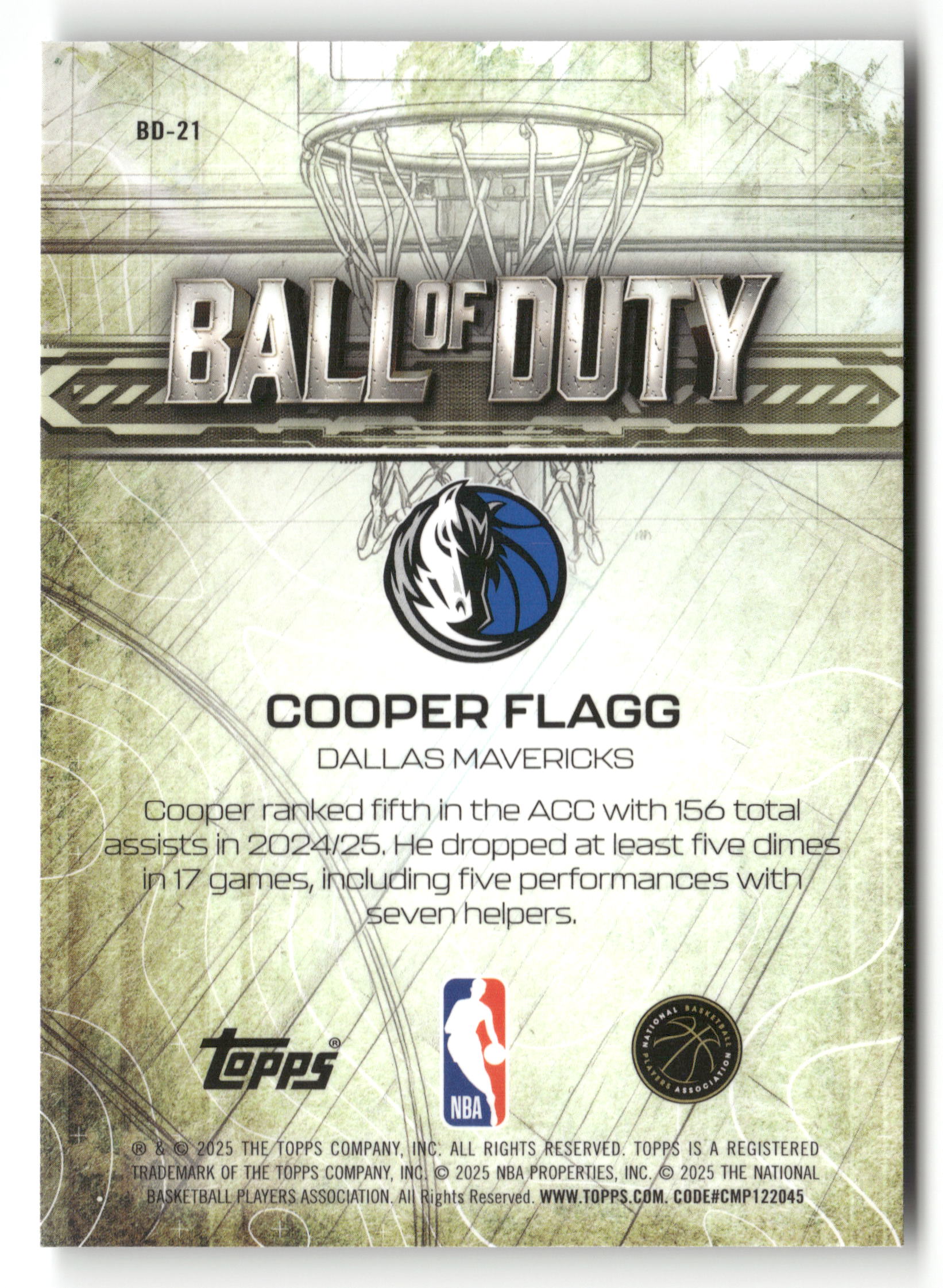 2025-26 Topps Chrome #BD-21 Cooper Flagg Ball of Duty