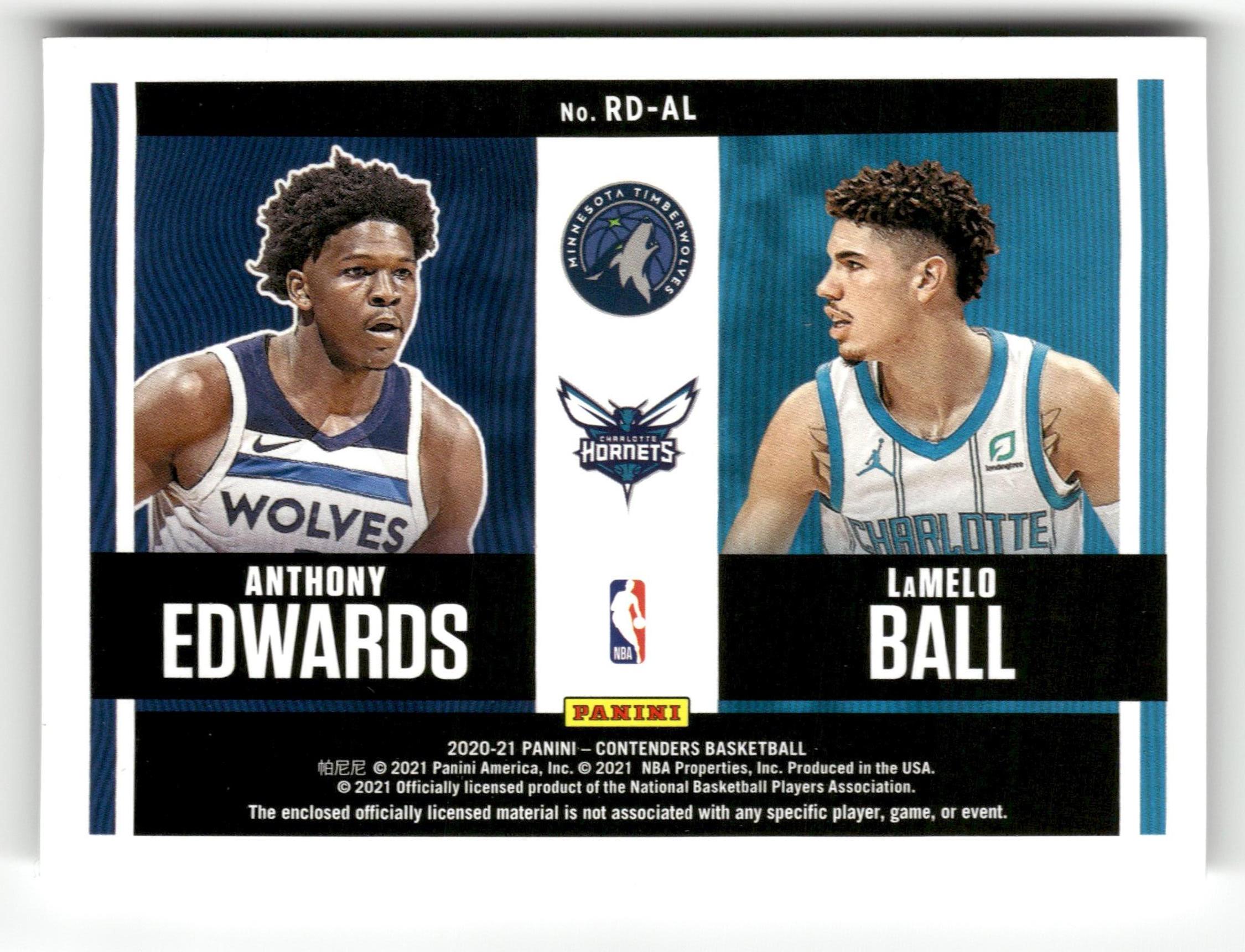 2020-21 Panini Contenders #RD-AJ Anthony Edwards / Lamelo Ball Dual Swatches RC