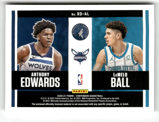 2020-21 Panini Contenders #RD-AJ Anthony Edwards / Lamelo Ball Dual Swatches RC