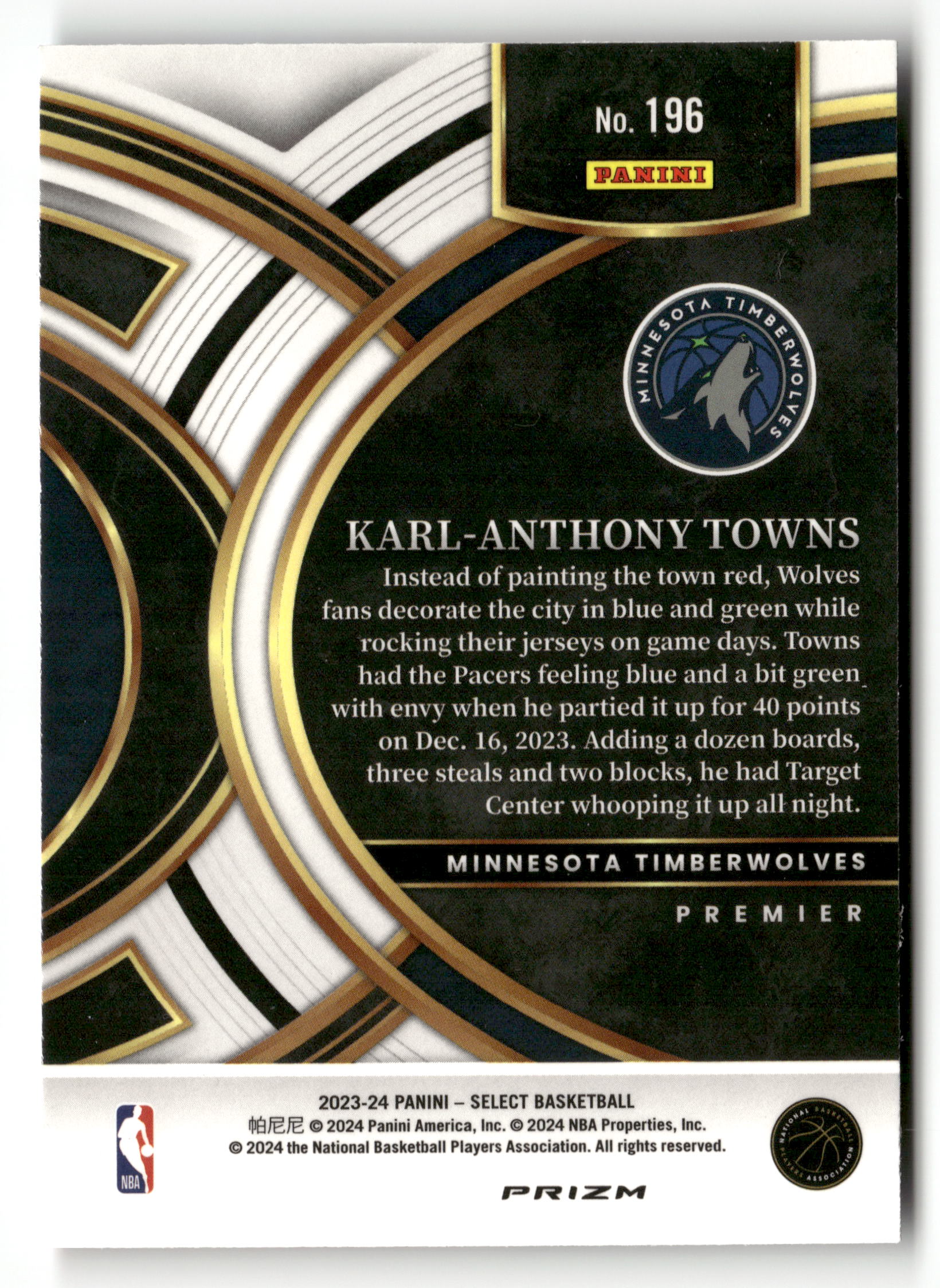 2023-24 Panini Select #196 Karl-Anthony Towns Disco Prizm Purple