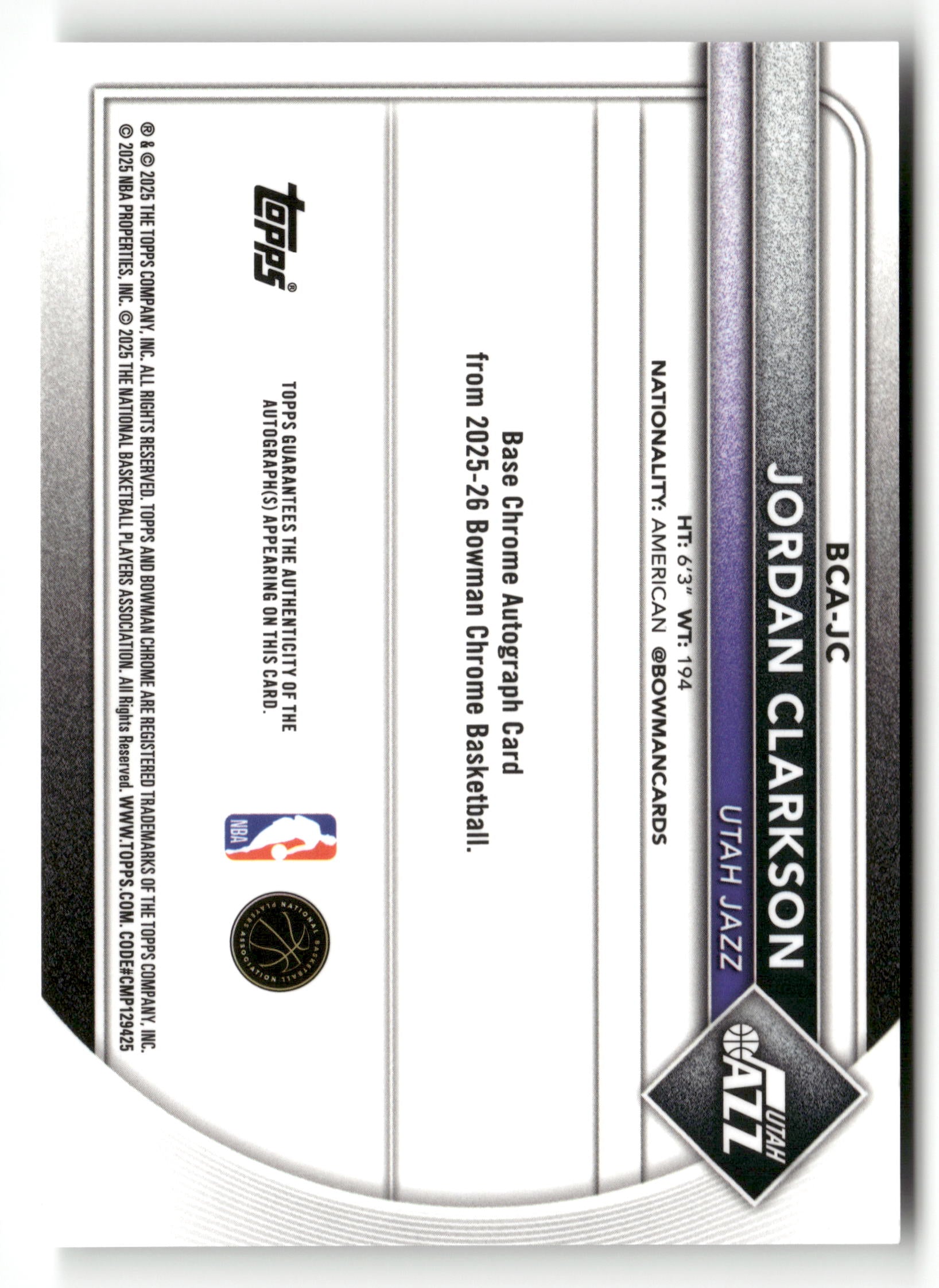 2025-26 Bowman #BCA-JC Jordan Clarkson Chrome Autographs