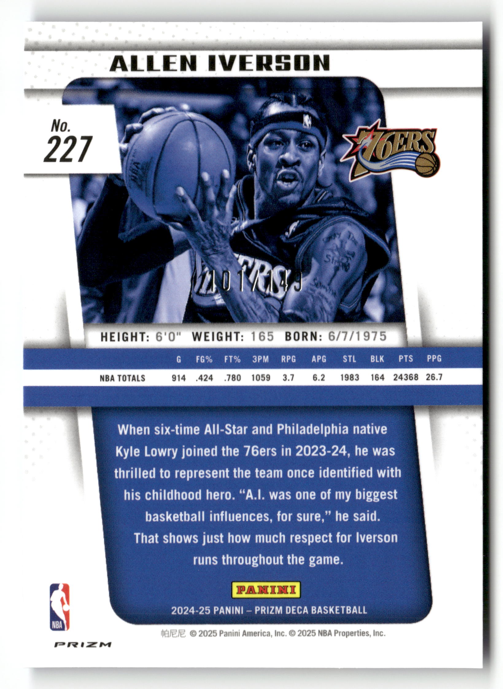 2024-25 Panini Prizm Deca #227 Allen Iverson Blue #/149