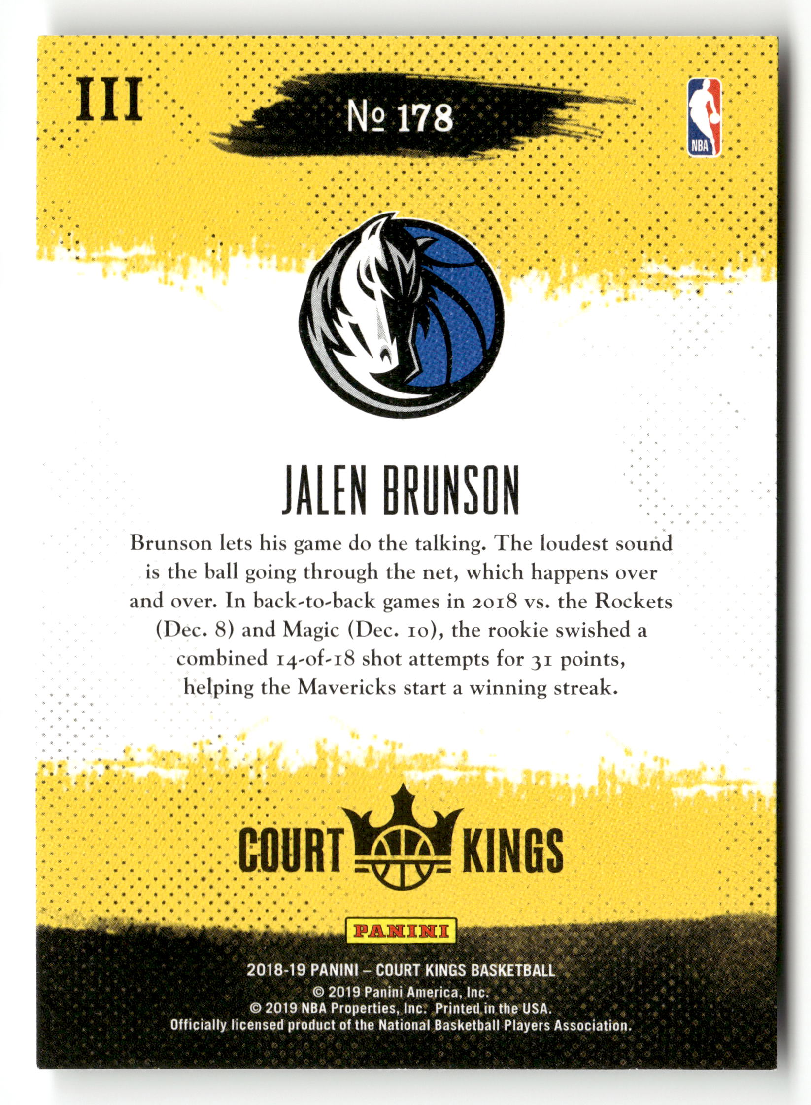 2018-19 Panini Court Kings #178 Jalen Brunson
