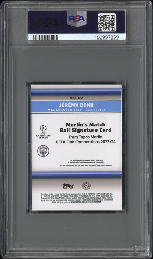 2023-24 Topps Merlin UCC Match Ball Signatures #DO Jeremy Doku PSA 9