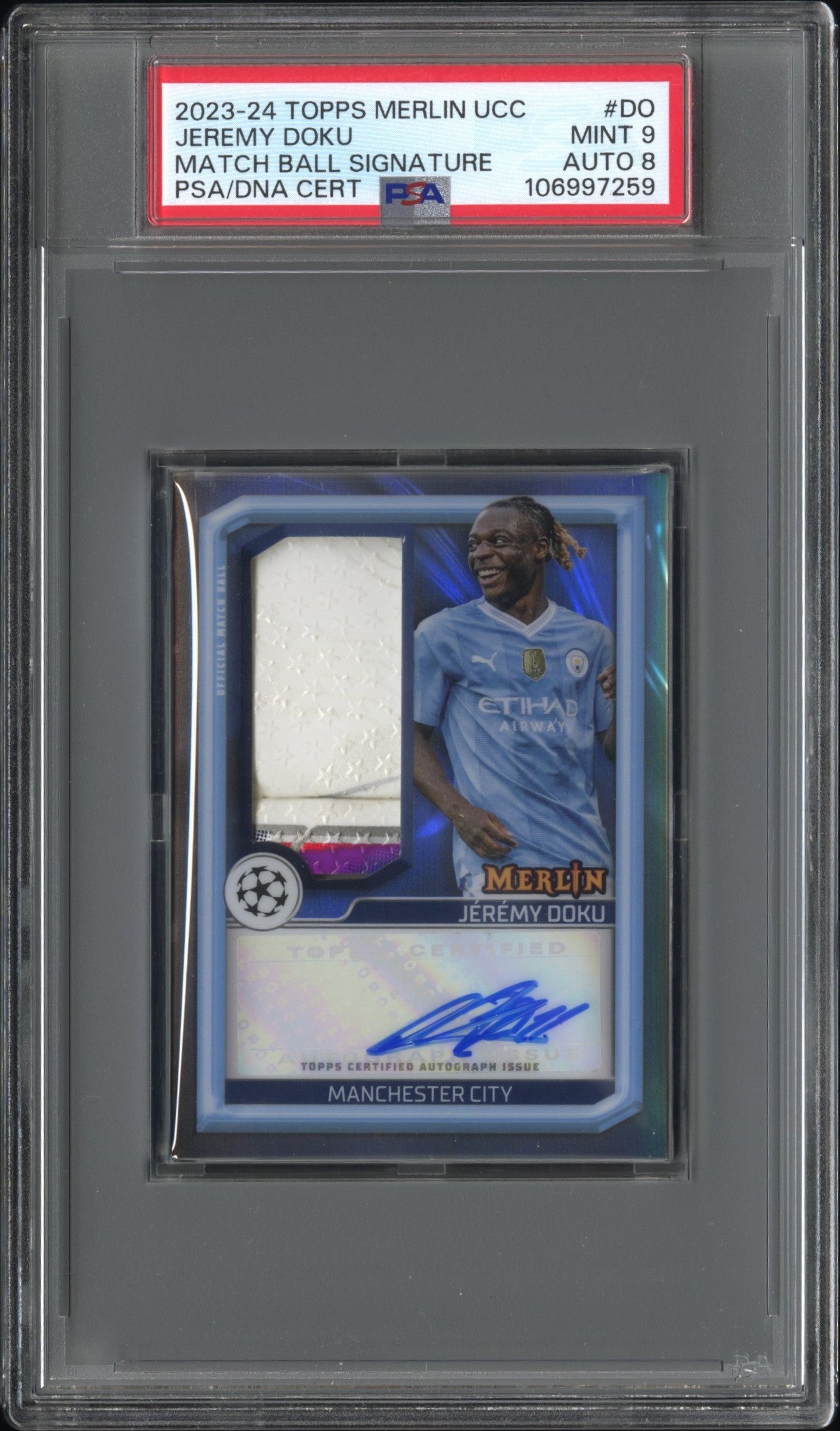 2023-24 Topps Merlin UCC Match Ball Signatures #DO Jeremy Doku PSA 9