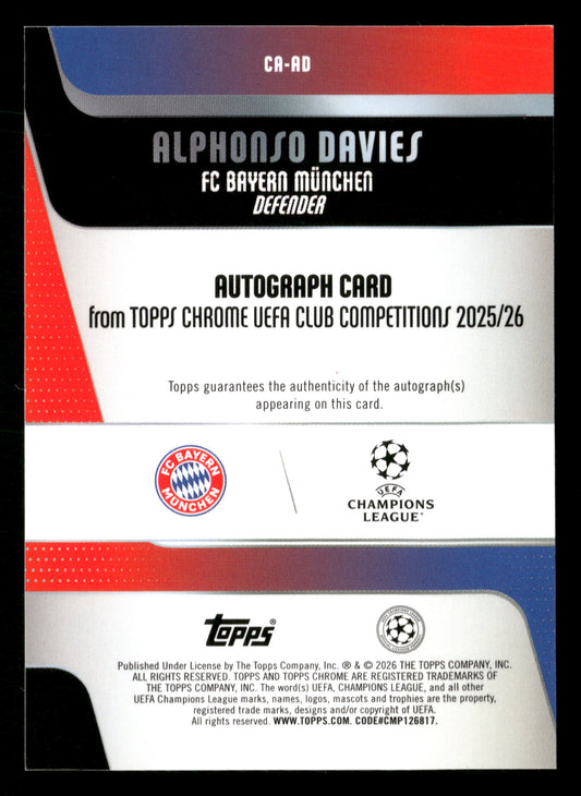2025-26 Topps Chrome UEFA #CA-AD Alphonso Davies Auto Purple Lava Refractor #/75