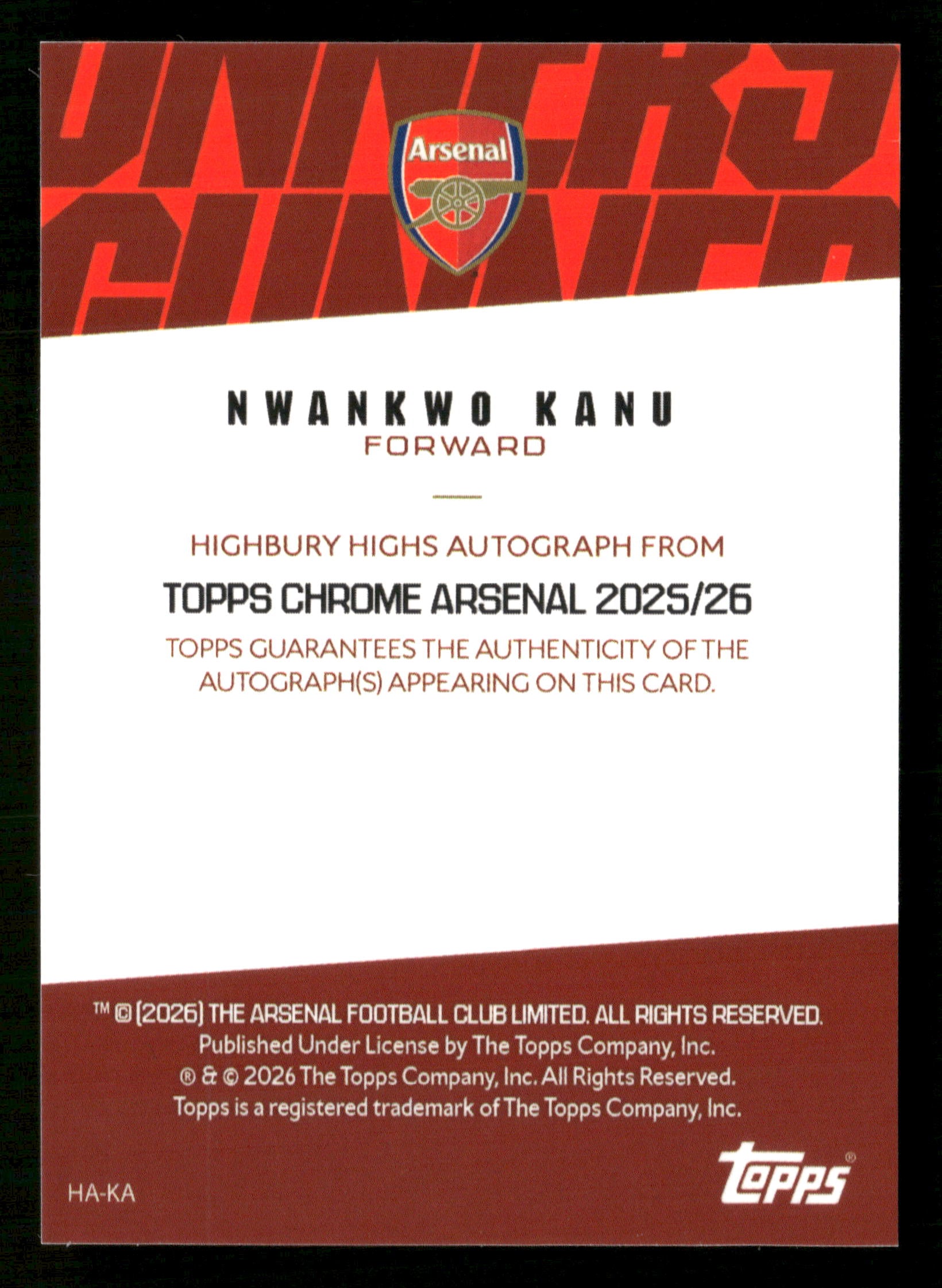 2025-26 Topps Chrome #HA-KA Nwankwo Kanu Highbury Highs Autographs Green #/99