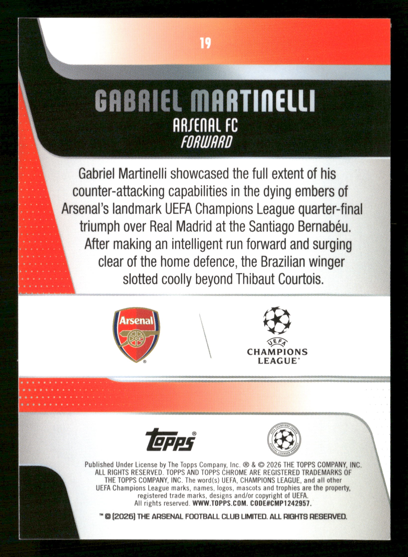 2025-26 Topps Chrome UEFA #19 Gabriel Martinelli Black Mini Diamond /10