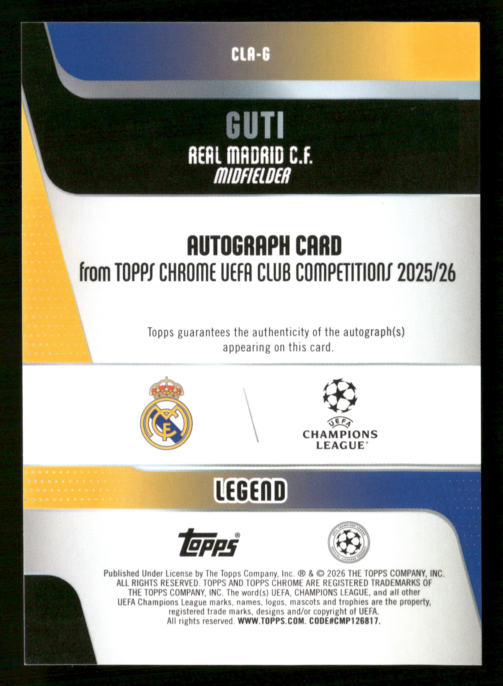 2025-26 Topps Chrome UEFA #CLA-G Guti Legends Autographs Purple Lava #/75