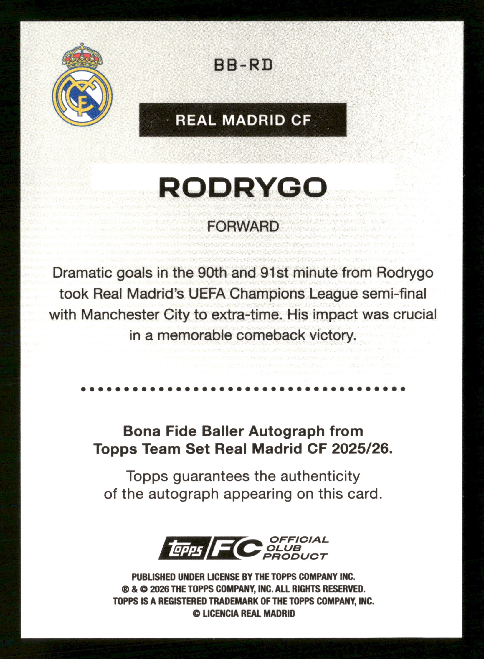 2025-26 Topps Real Madrid  #BB-RD Rodrygo Bona Fide Baller Autographs Gold #/50