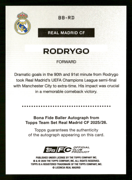2025-26 Topps Real Madrid  #BB-RD Rodrygo Bona Fide Baller Autographs Gold #/50