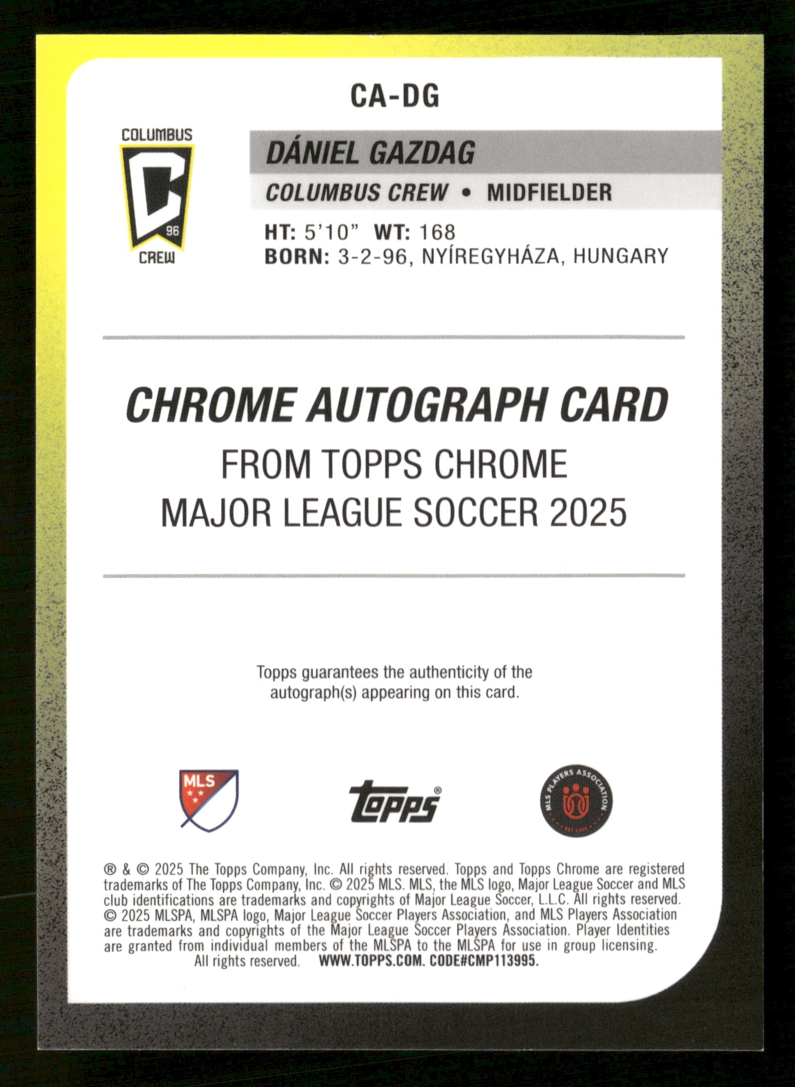 2025 Topps Chrome MLS #CA-DG Dániel Gazdag Autographs Gold Wave #/50