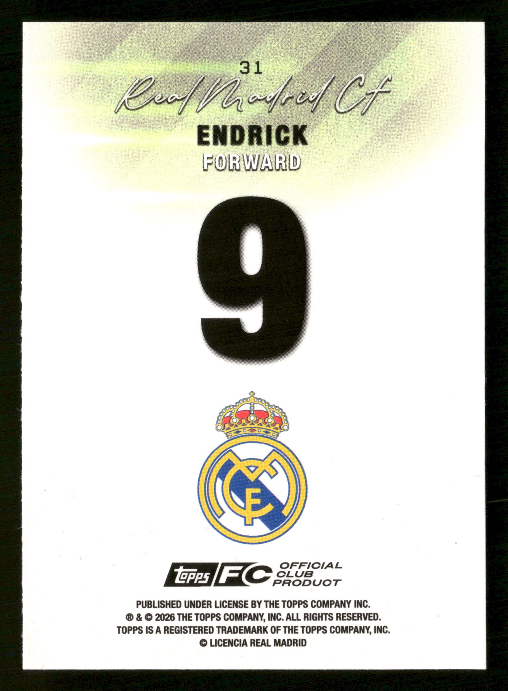 2025-26 Topps Real Madrid Team Set #31 Endrick Gold Icy Foil #/50