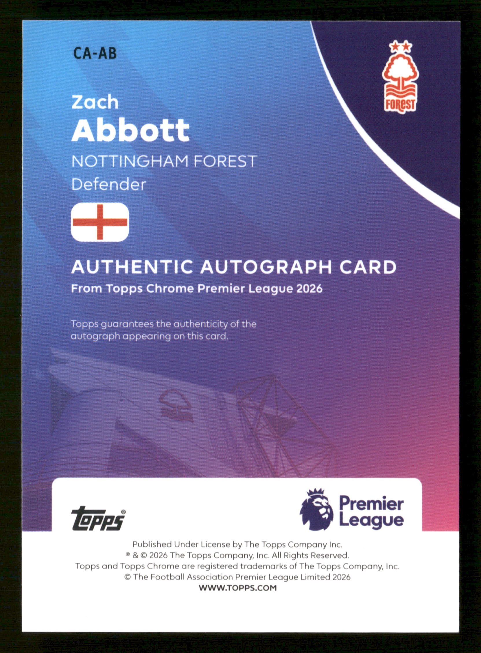 2025-26 Topps Chrome EPL #CA-AB Zach Abbott Chrome Autographs Gold /50