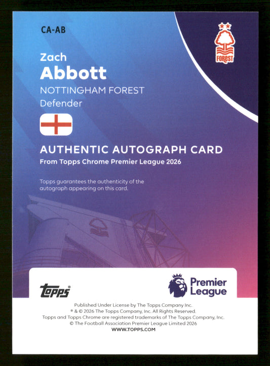 2025-26 Topps Chrome EPL #CA-AB Zach Abbott Chrome Autographs Gold /50