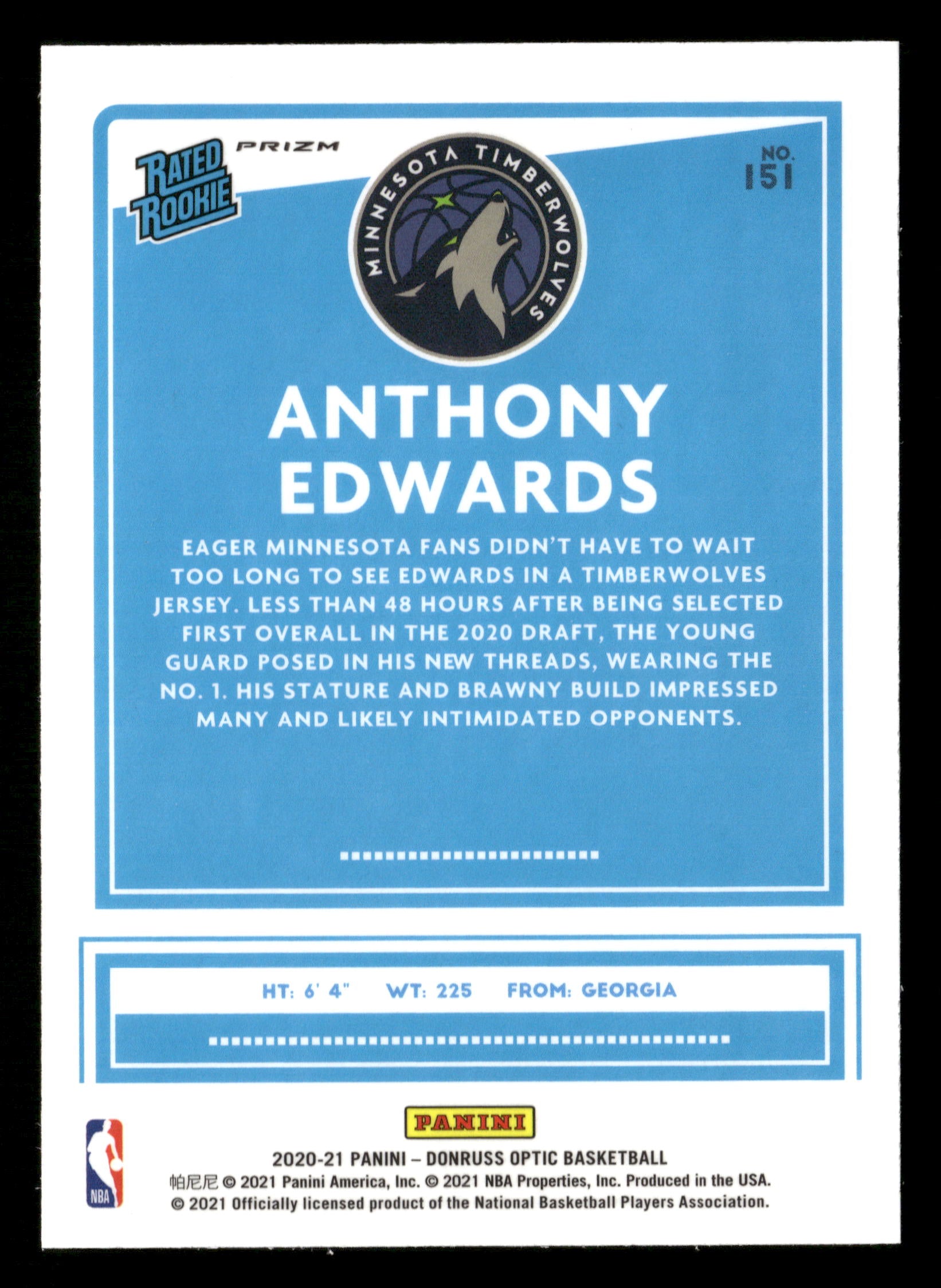 2020-21 Donruss Optic #151 Anthony Edwards Silver Prizm RC