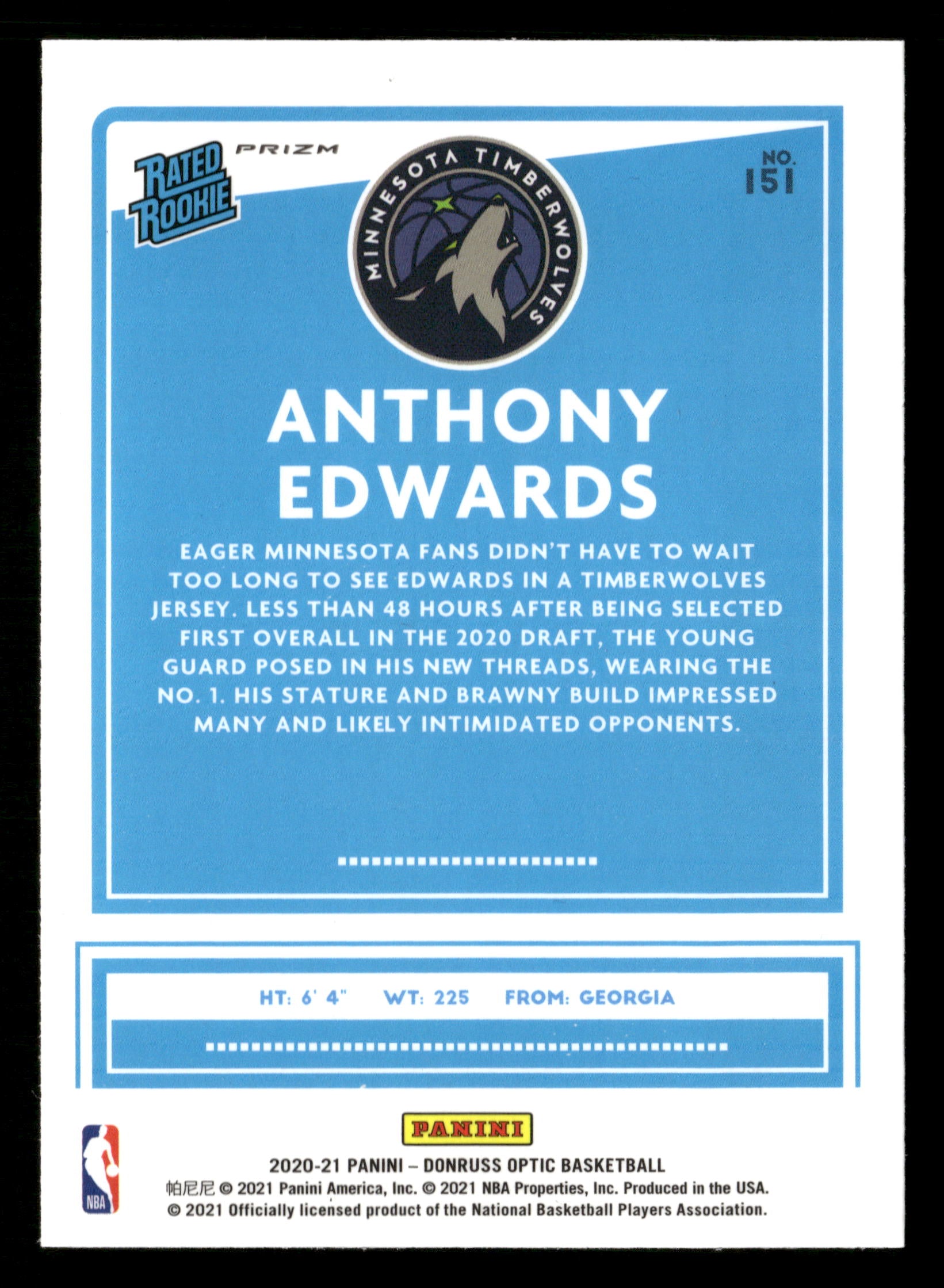 2020-21 Donruss Optic #151 Anthony Edwards Purple