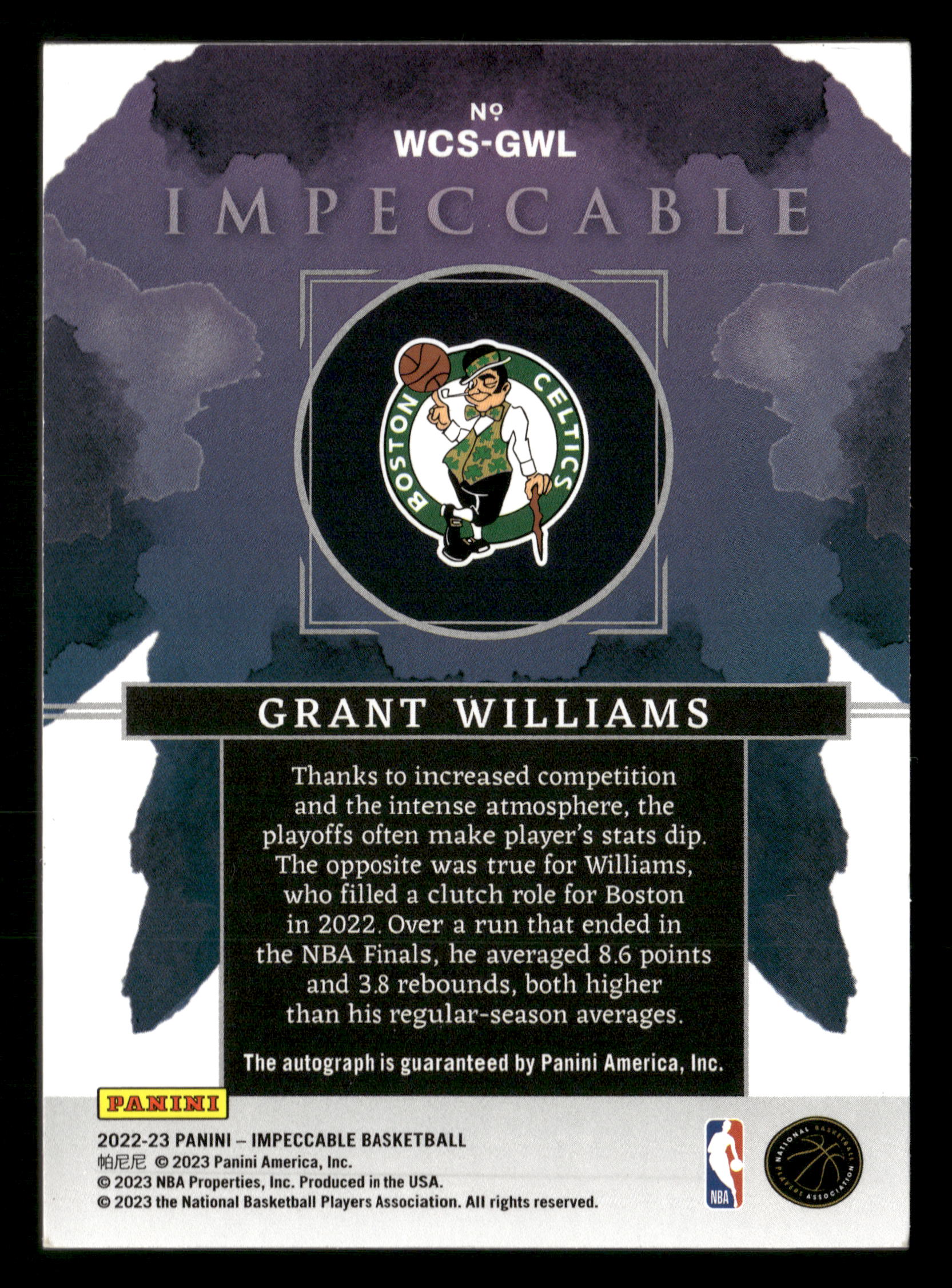 2022-23 Panini Impeccable #WCS-GWL Grant Williams Watercolor Signatures #/99