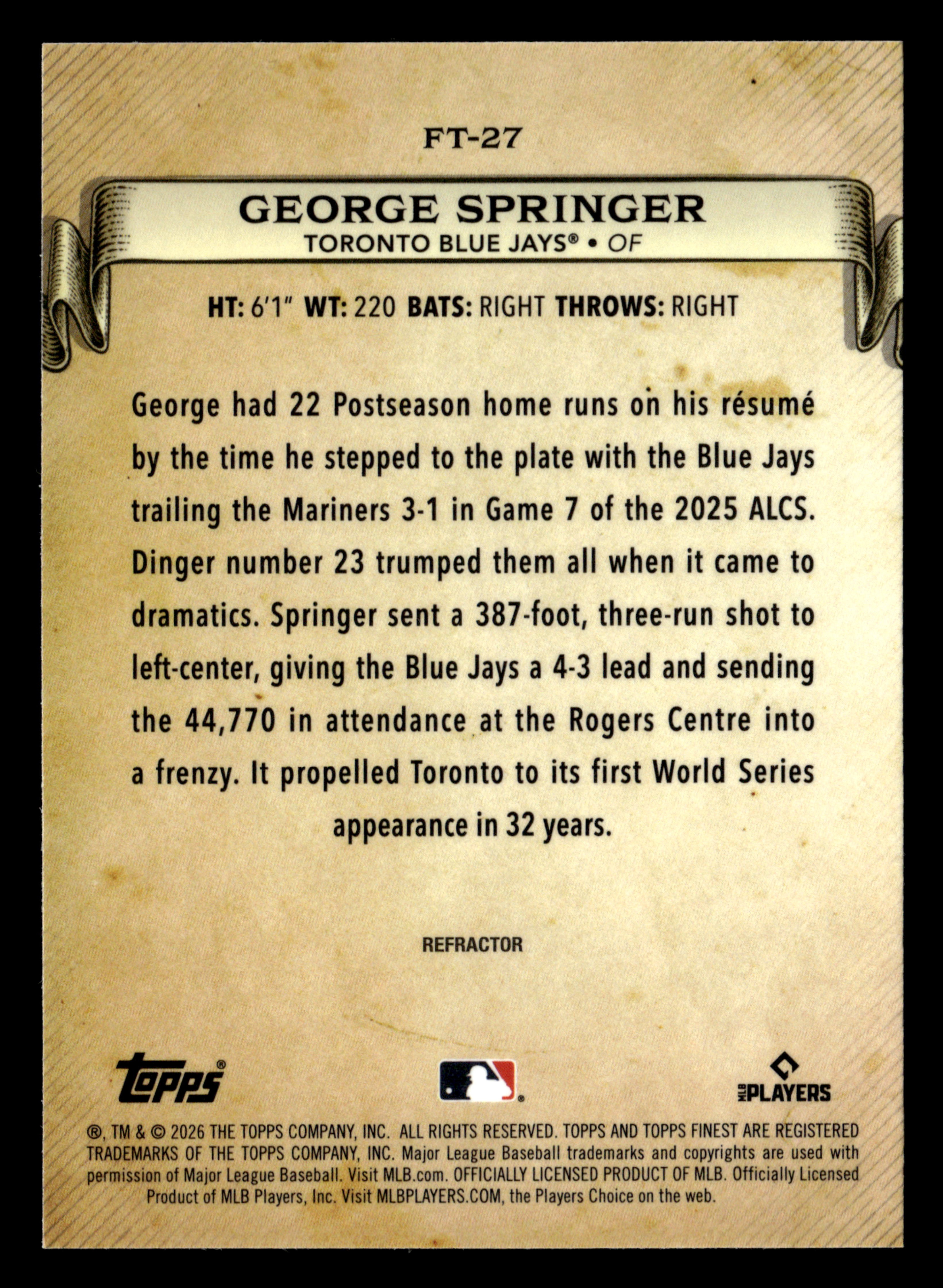2026 Finest #FT-27 George Springer Finest Timelines Refractors