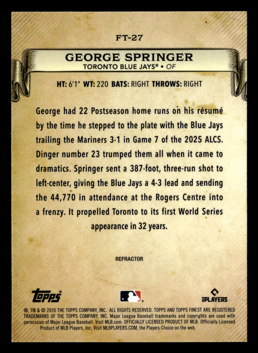 2026 Finest #FT-27 George Springer Finest Timelines Refractors