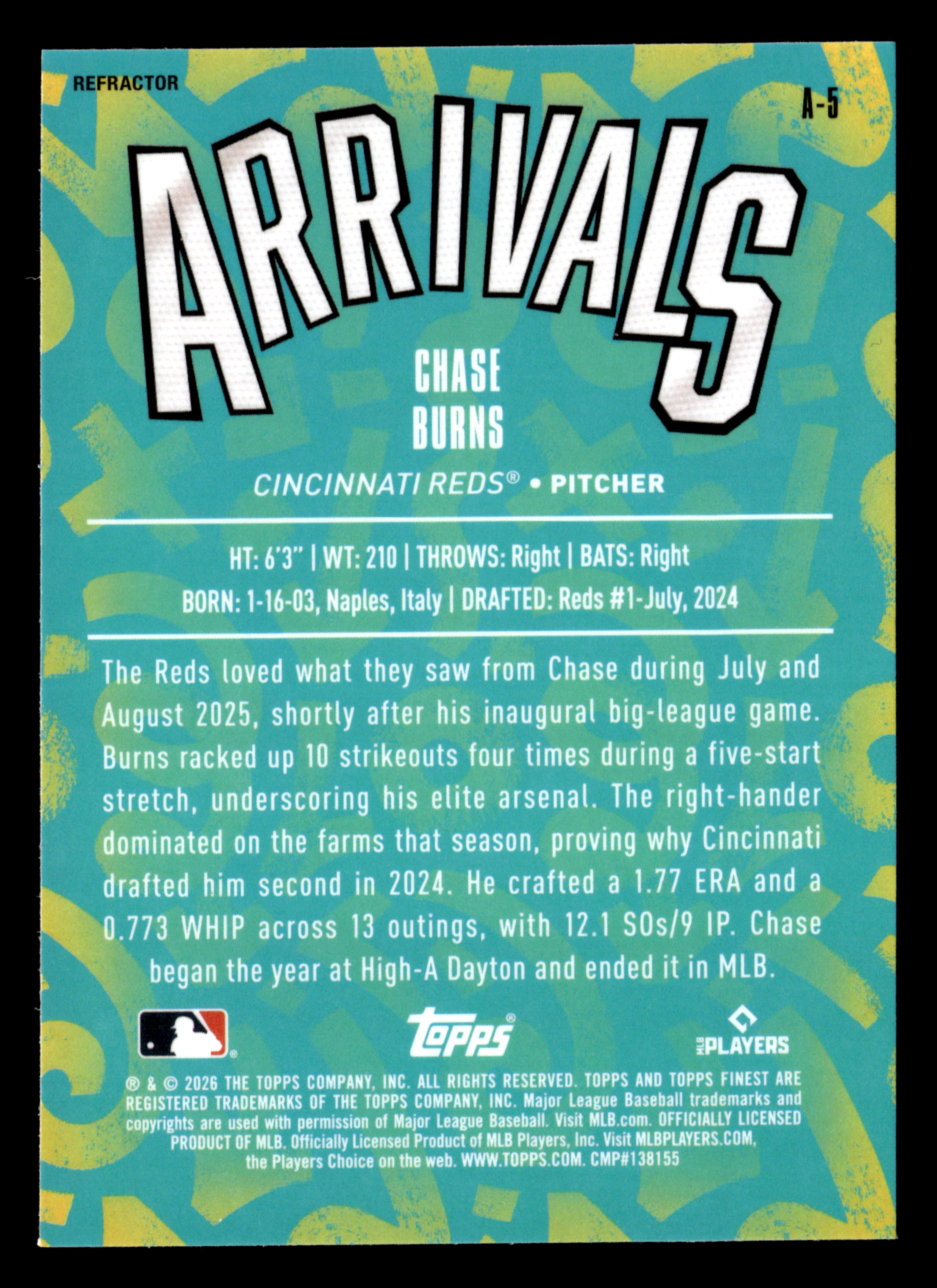 2026 Finest #A-5 Chase Burns Arrivals Refractors