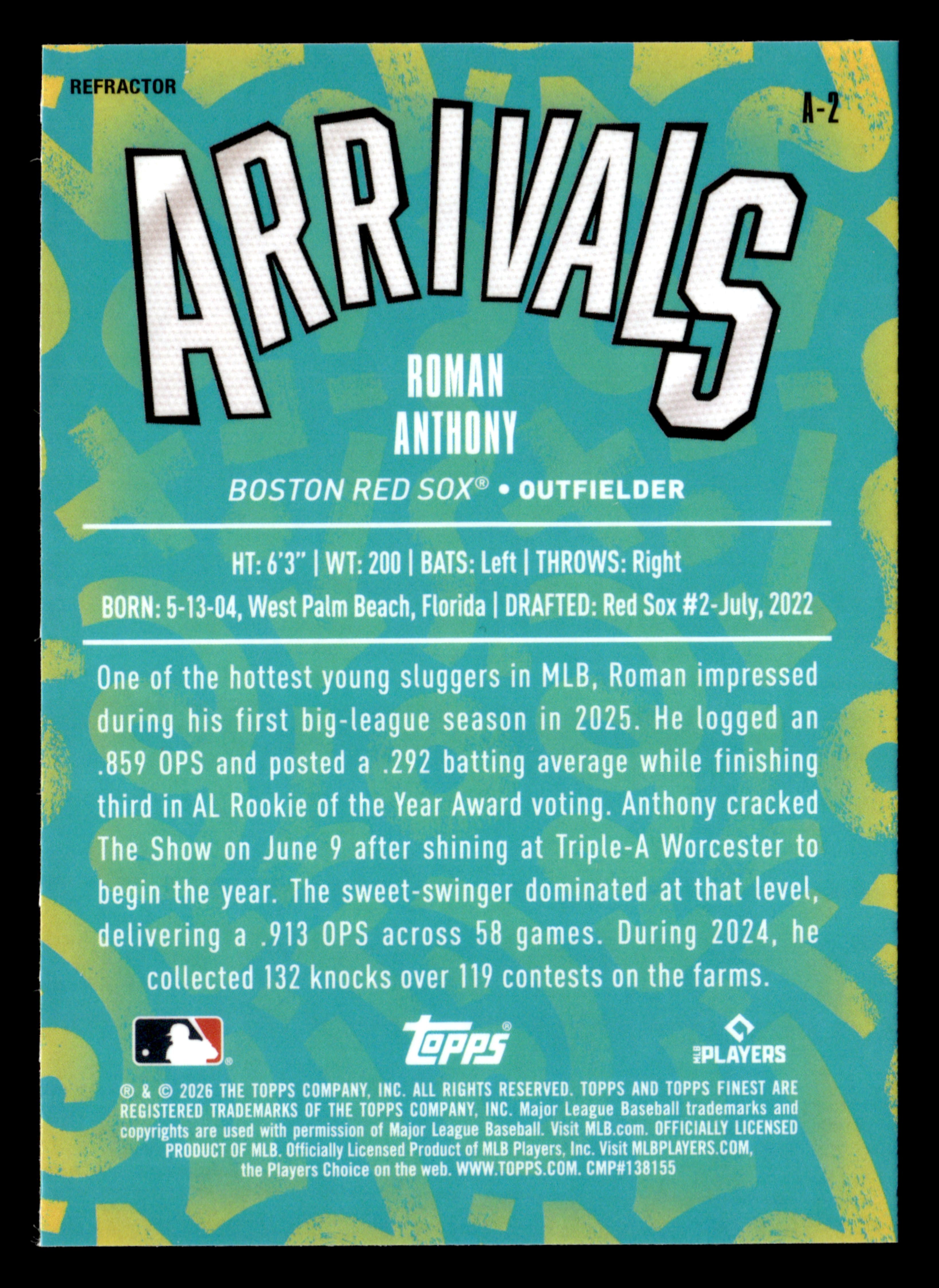 2026 Finest #A-2 Roman Anthony Arrivals Refractors