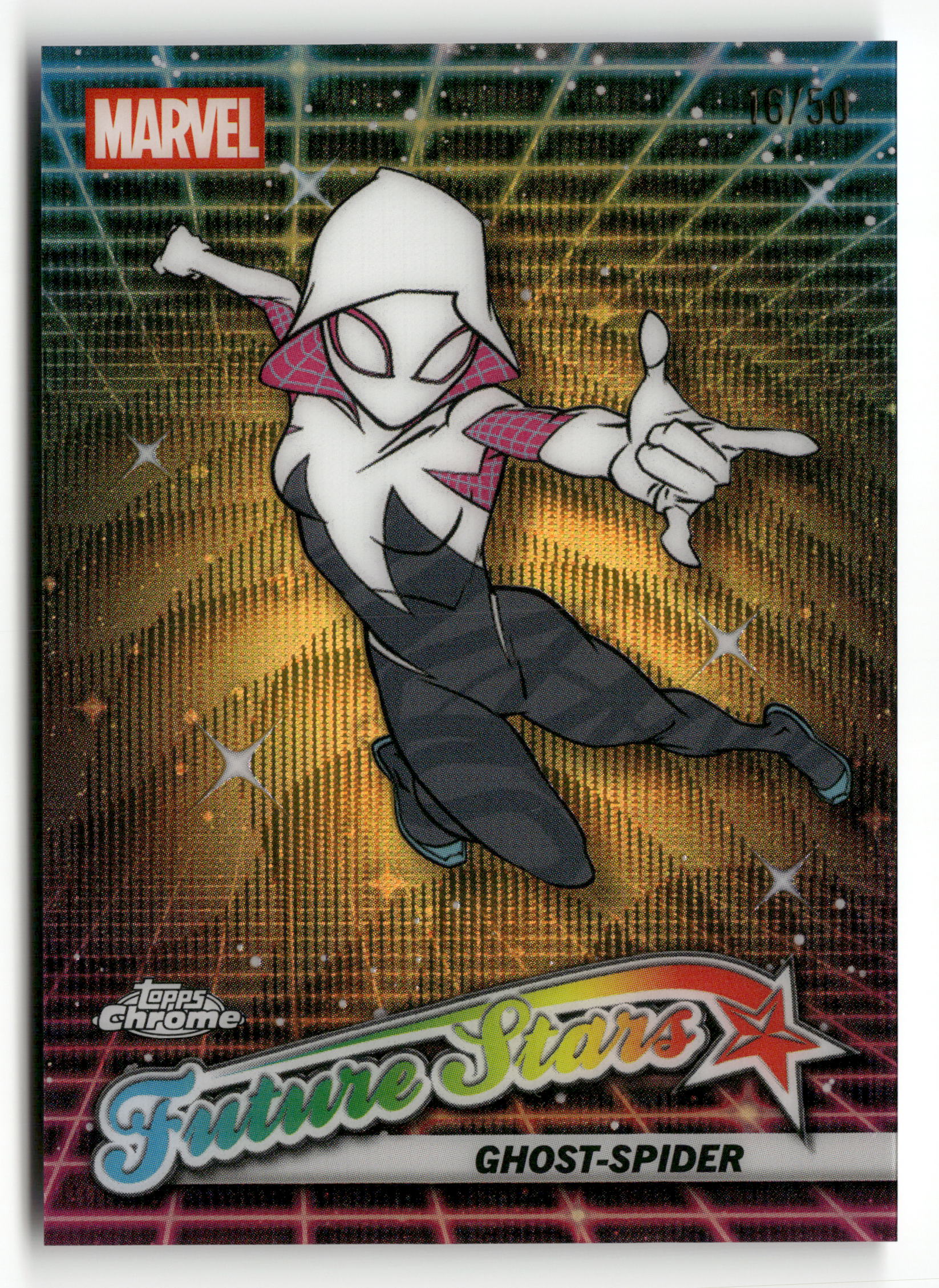 2025 Topps Chrome Marvel #FS-1 Ghost-Spider Future Stars Gold Wave