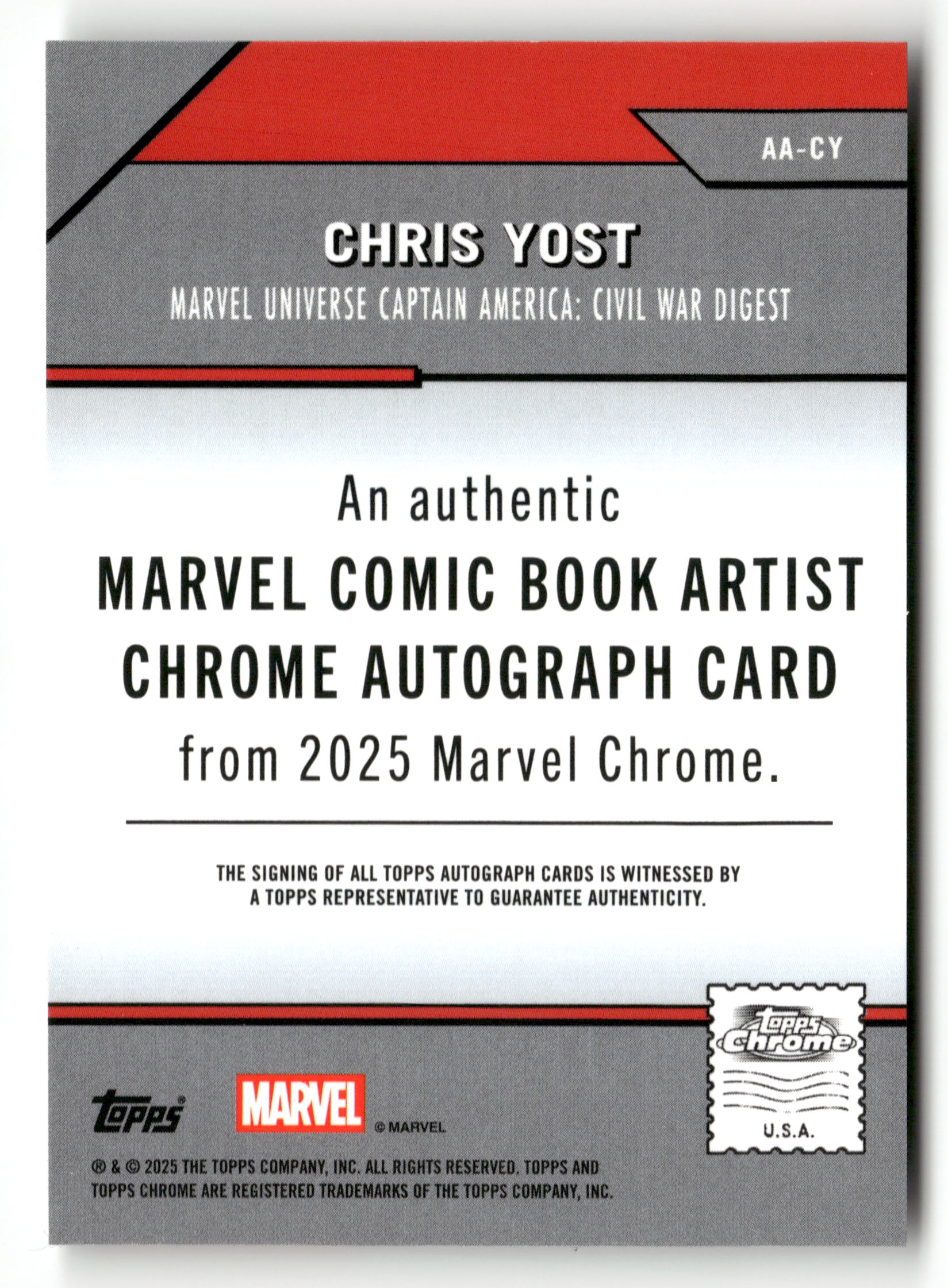 2025 Topps Chrome Marvel #AA-CY Chris Yost Marvel Comic Book Artist Autographs