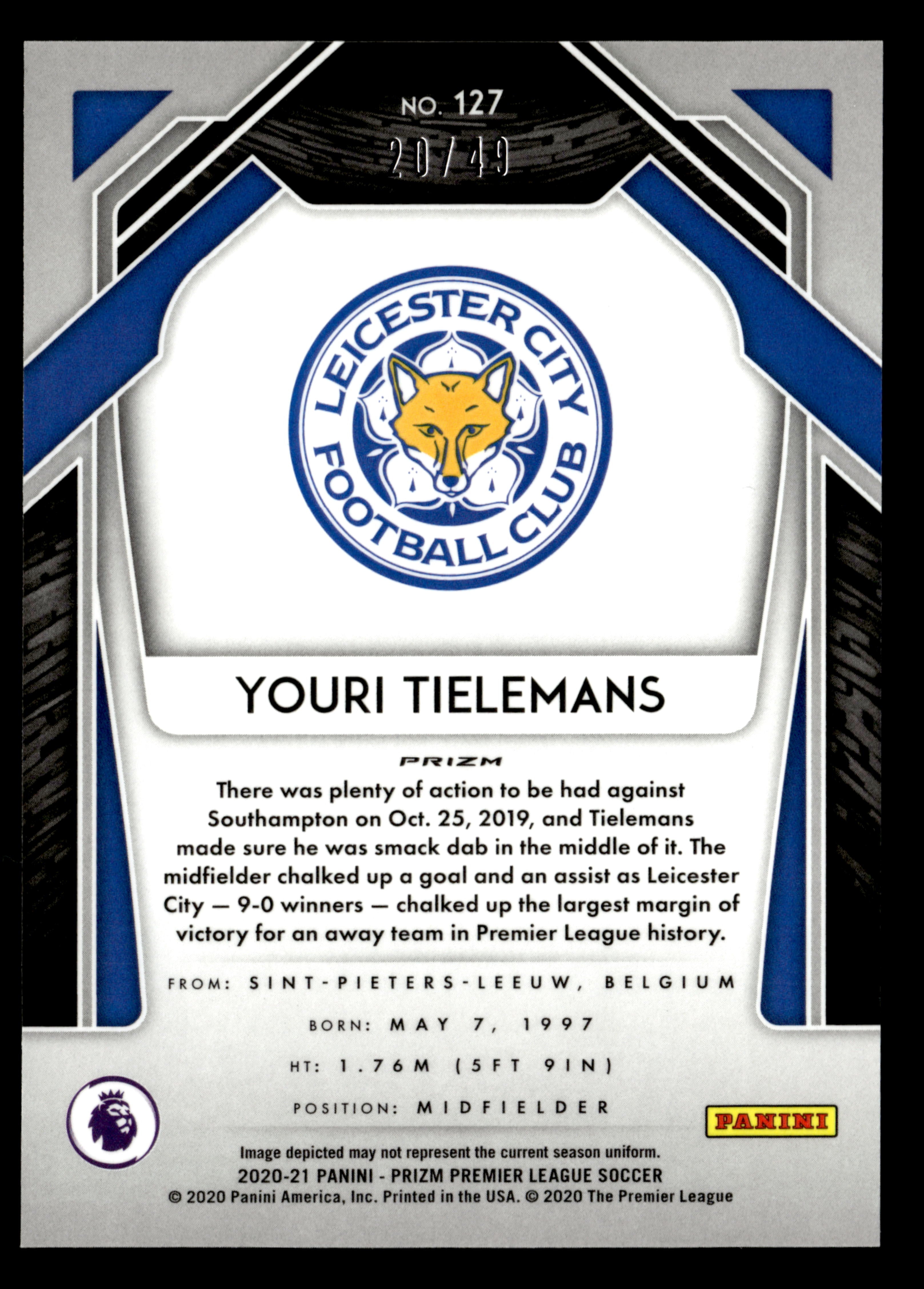 2020-21 Panini Prizm Premier League #127 Youri Tielemans Teal Prizm #/49