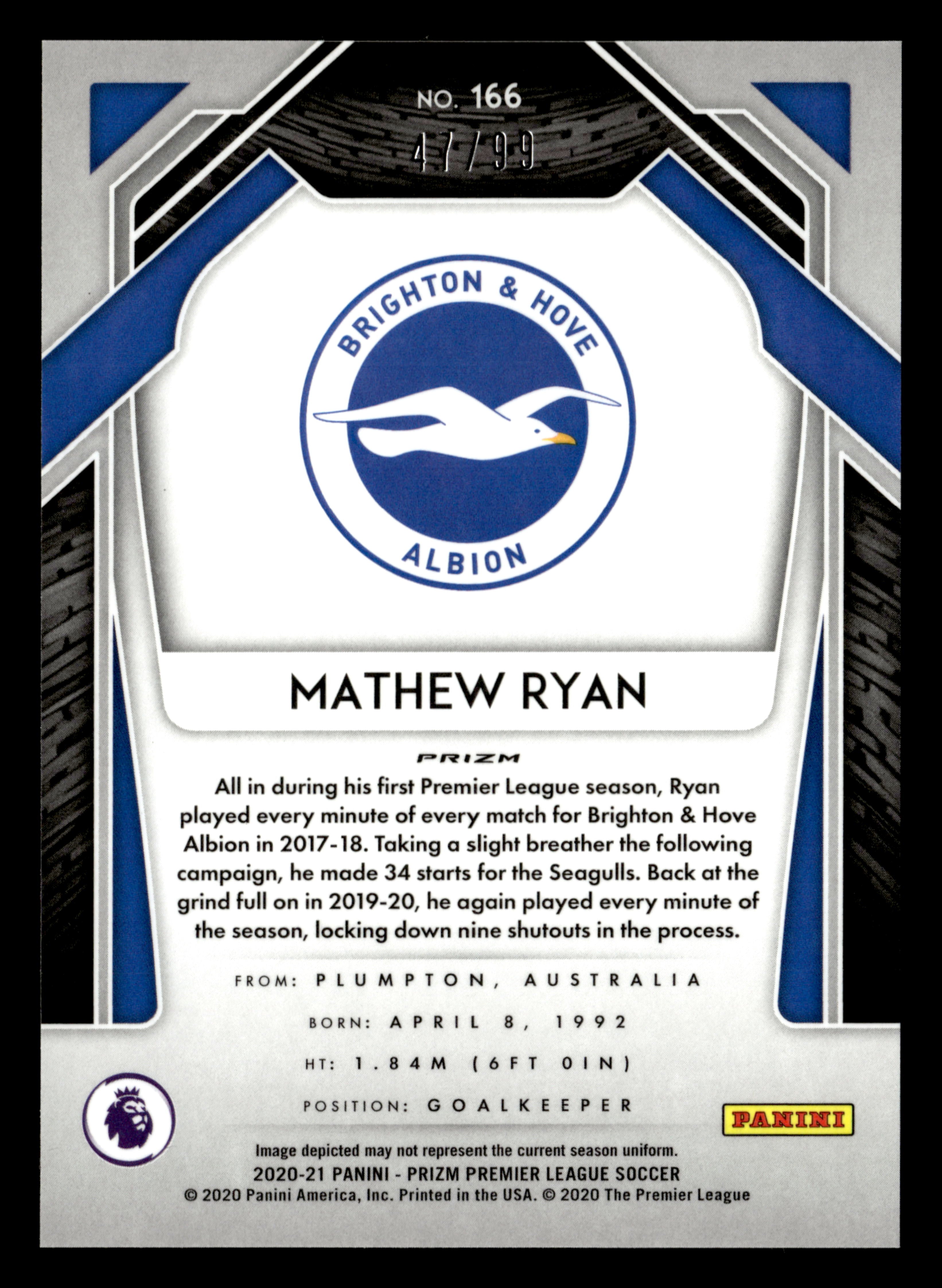 2020-21 Panini Prizm Premier League #166 Mathew Ryan Breakaway Violet Prizm #/99