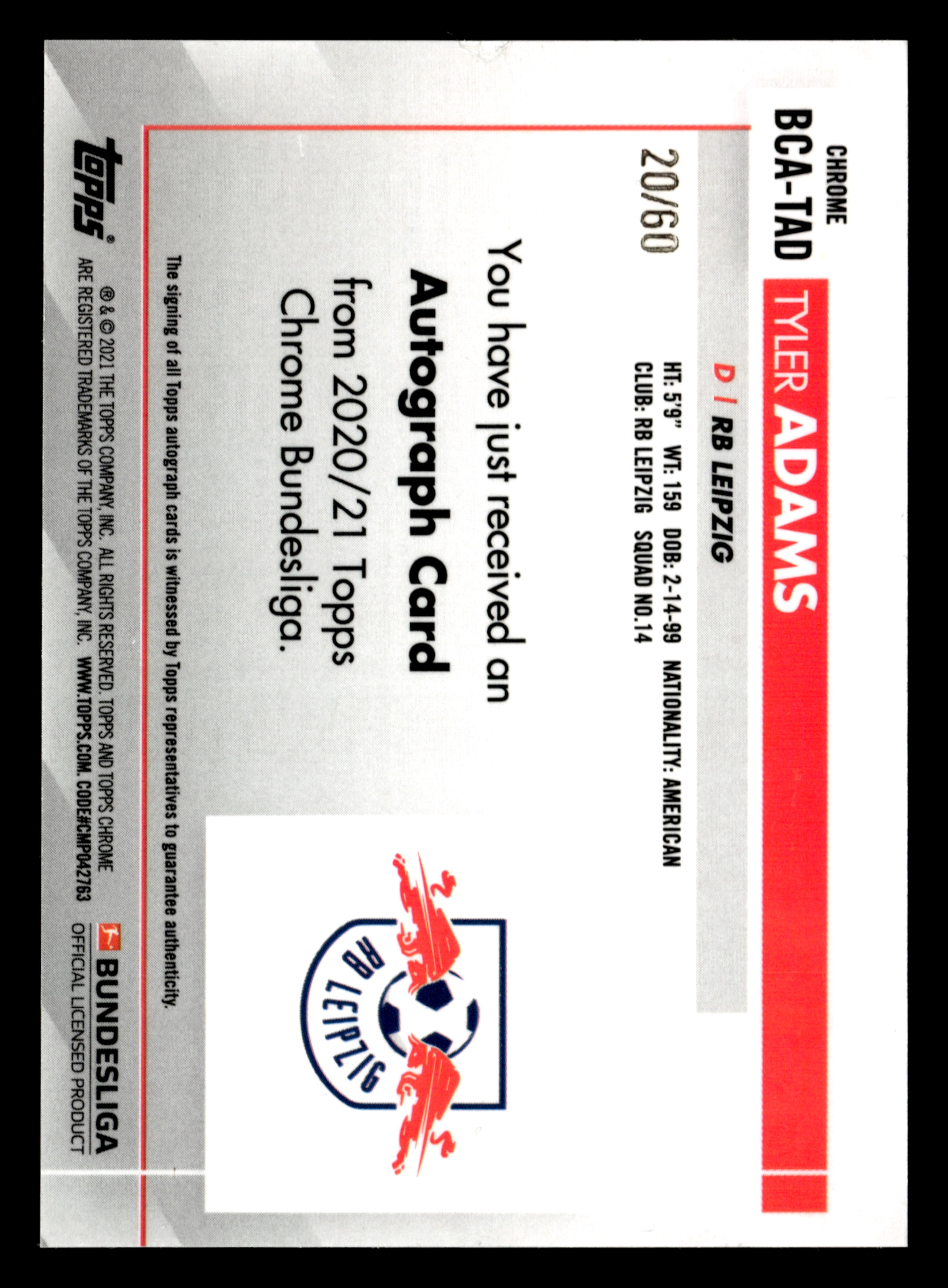 2020-21 Topps Chrome Bundesliga #BCA-TAD Tyler Adams Chrome Autographs Gold #/60