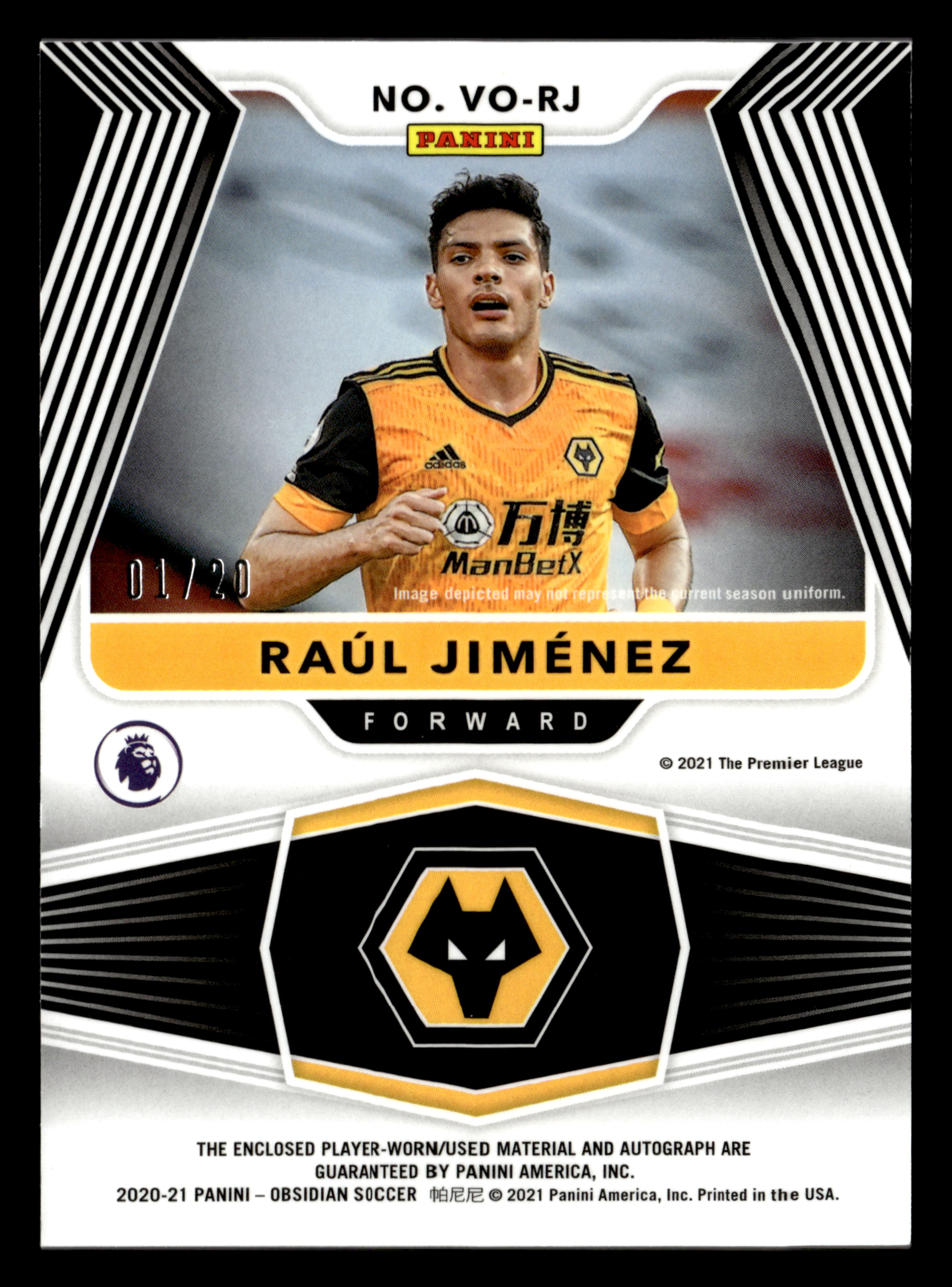 2020-21 Panini Obsidian #VO-RJ Raul Jimenez Volcanic Material Signatures #/20