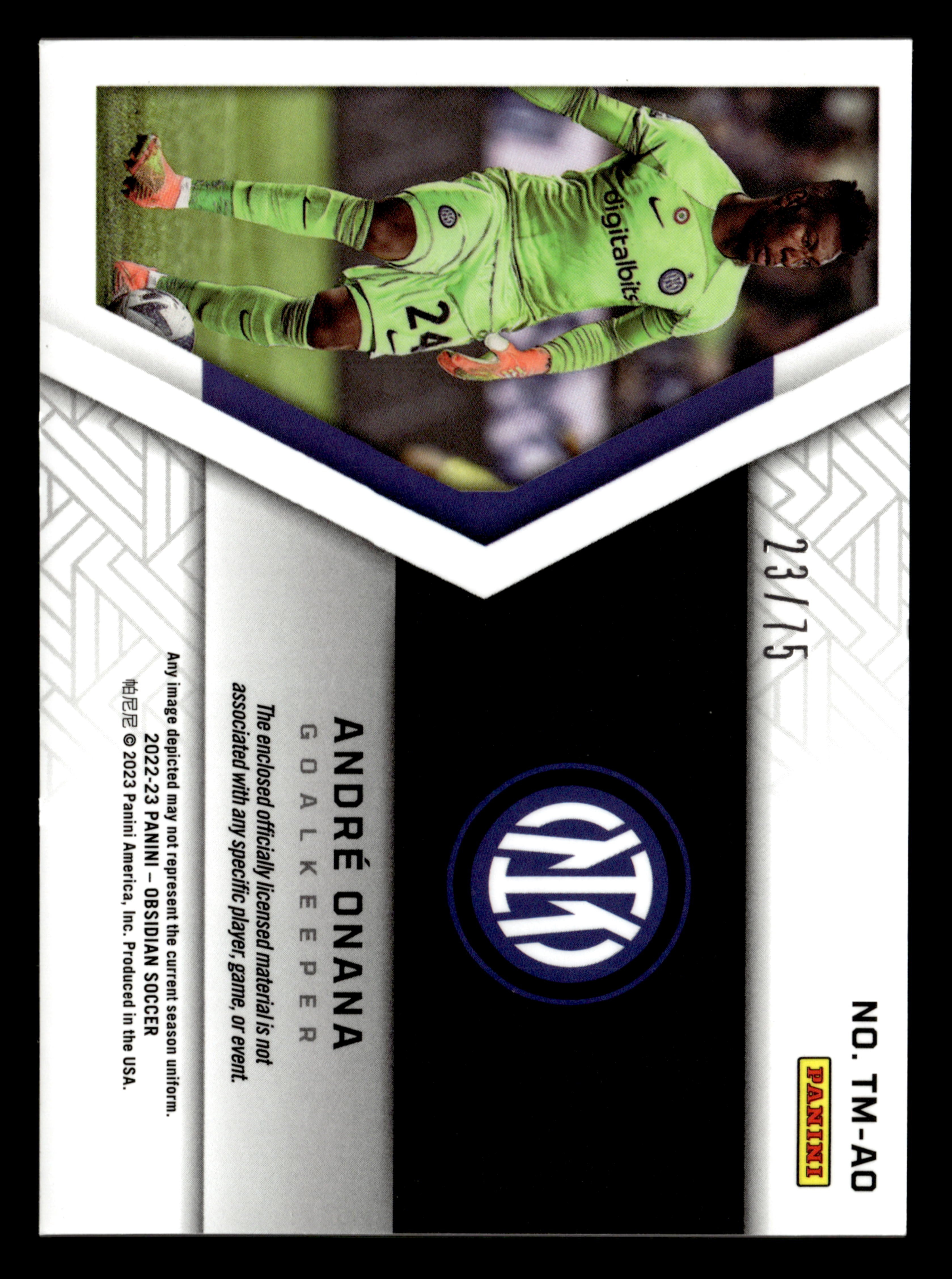 2022-23 Panini Obsidian #TM-AO Andre Onana Trifecta Material Orange #/75
