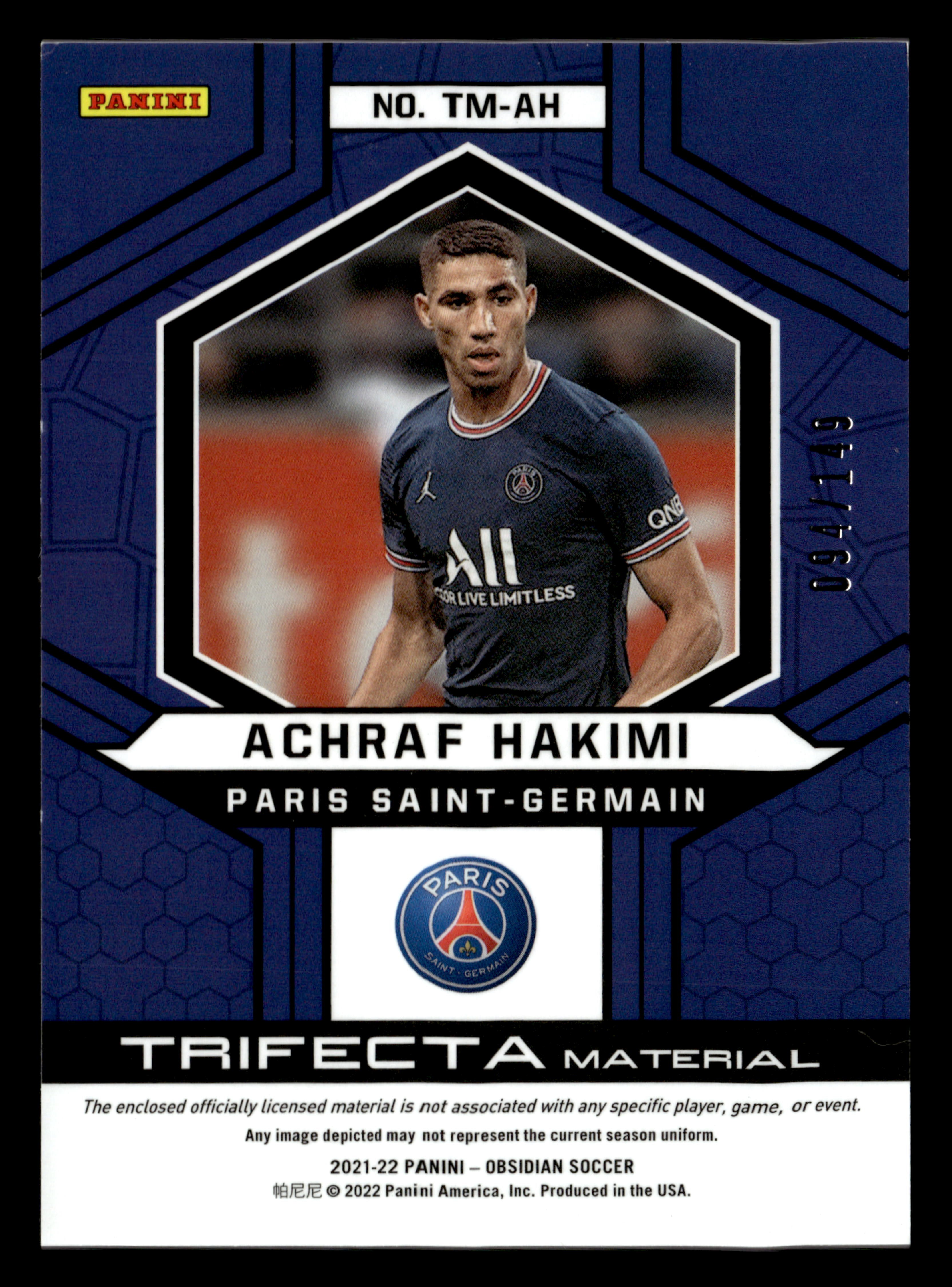 2021-22 Panini Obsidian #TM-AH Achraf Hakimi Trifecta Material #/149