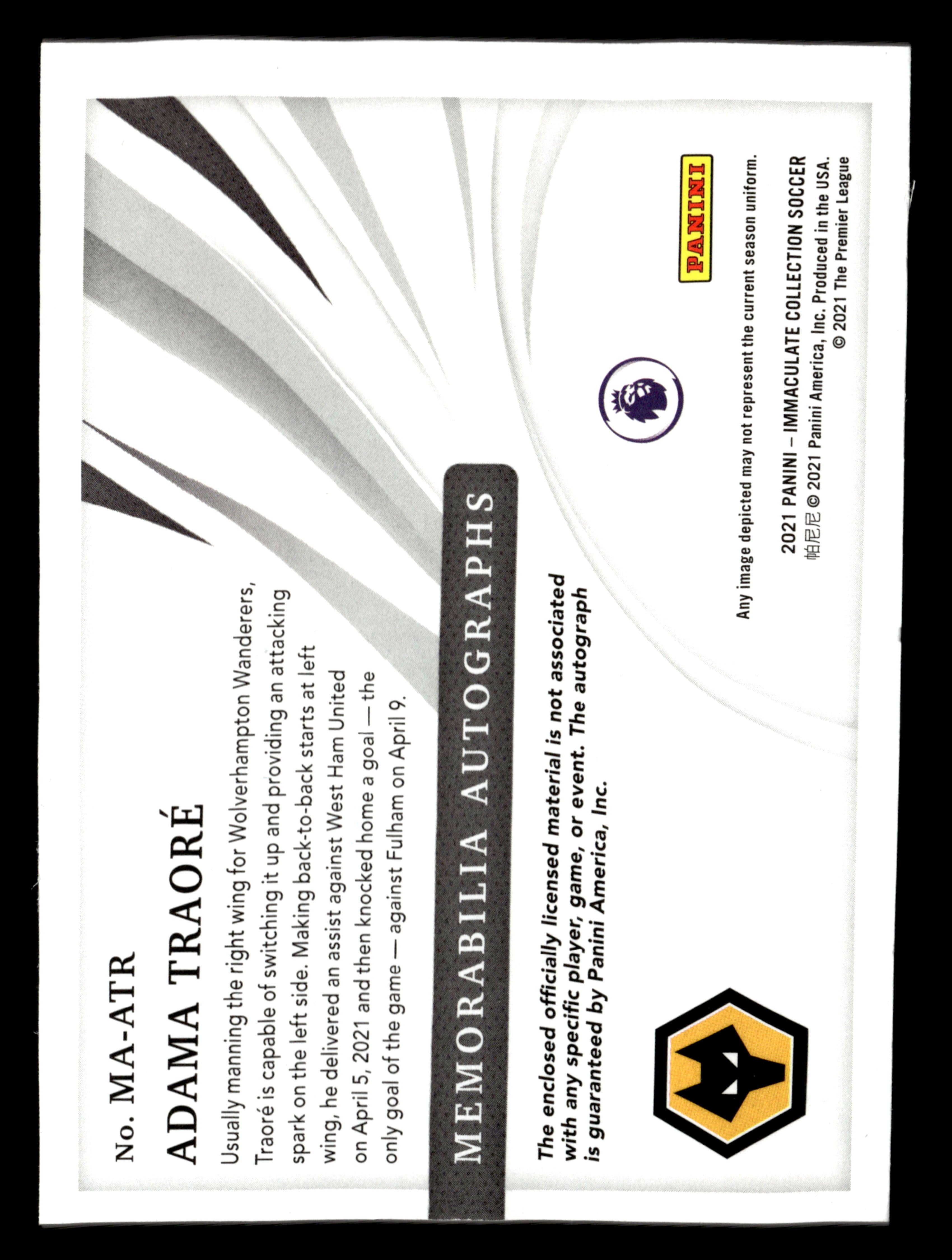 2021 Panini Immaculate #MA-ATR Adama Traore Memorabilia Auto Gold #/10 (Bookend)