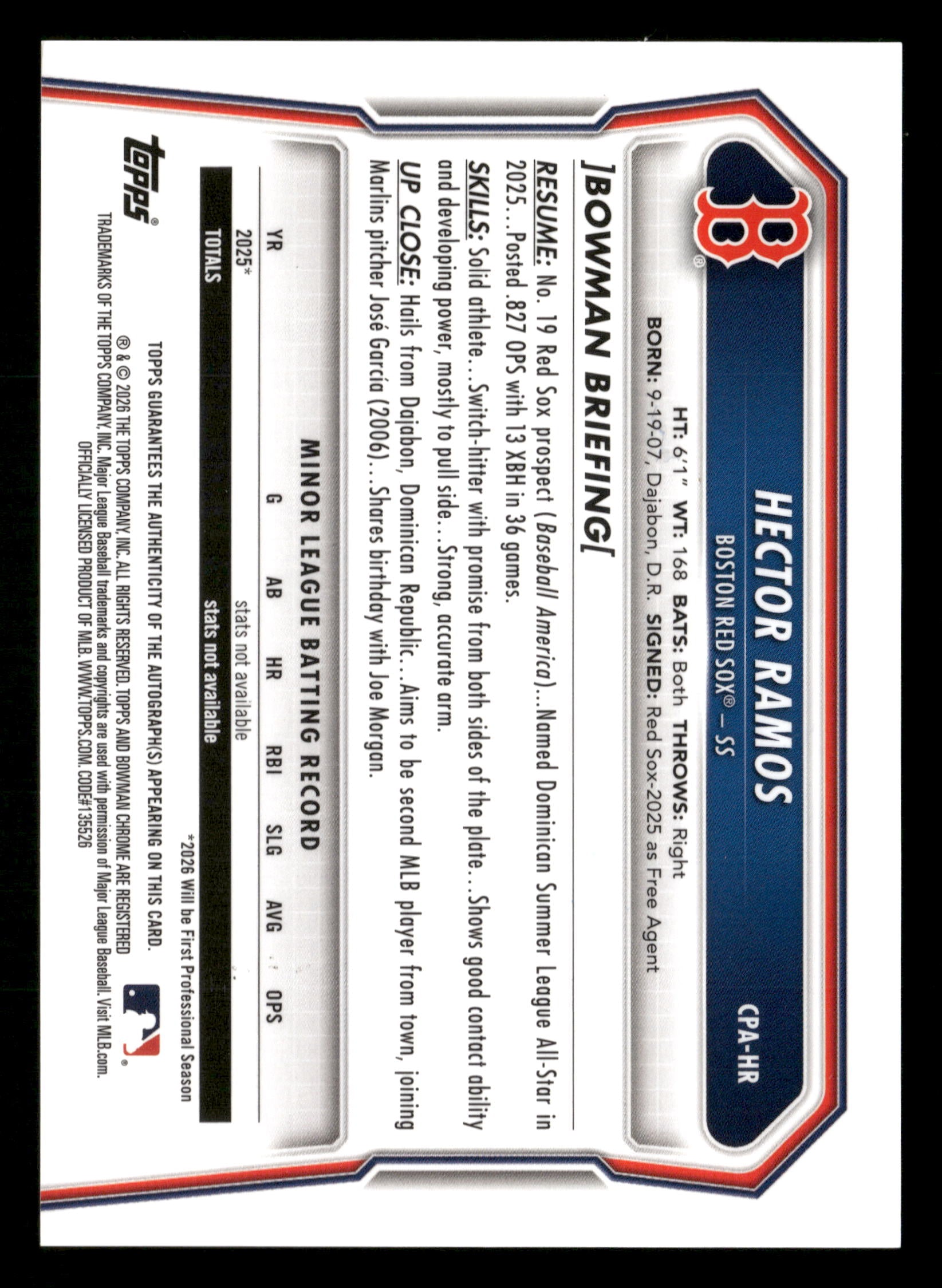 2026 Bowman #CPA-HR Hector Ramos Chrome Prospect Auto Gold Lava #/50