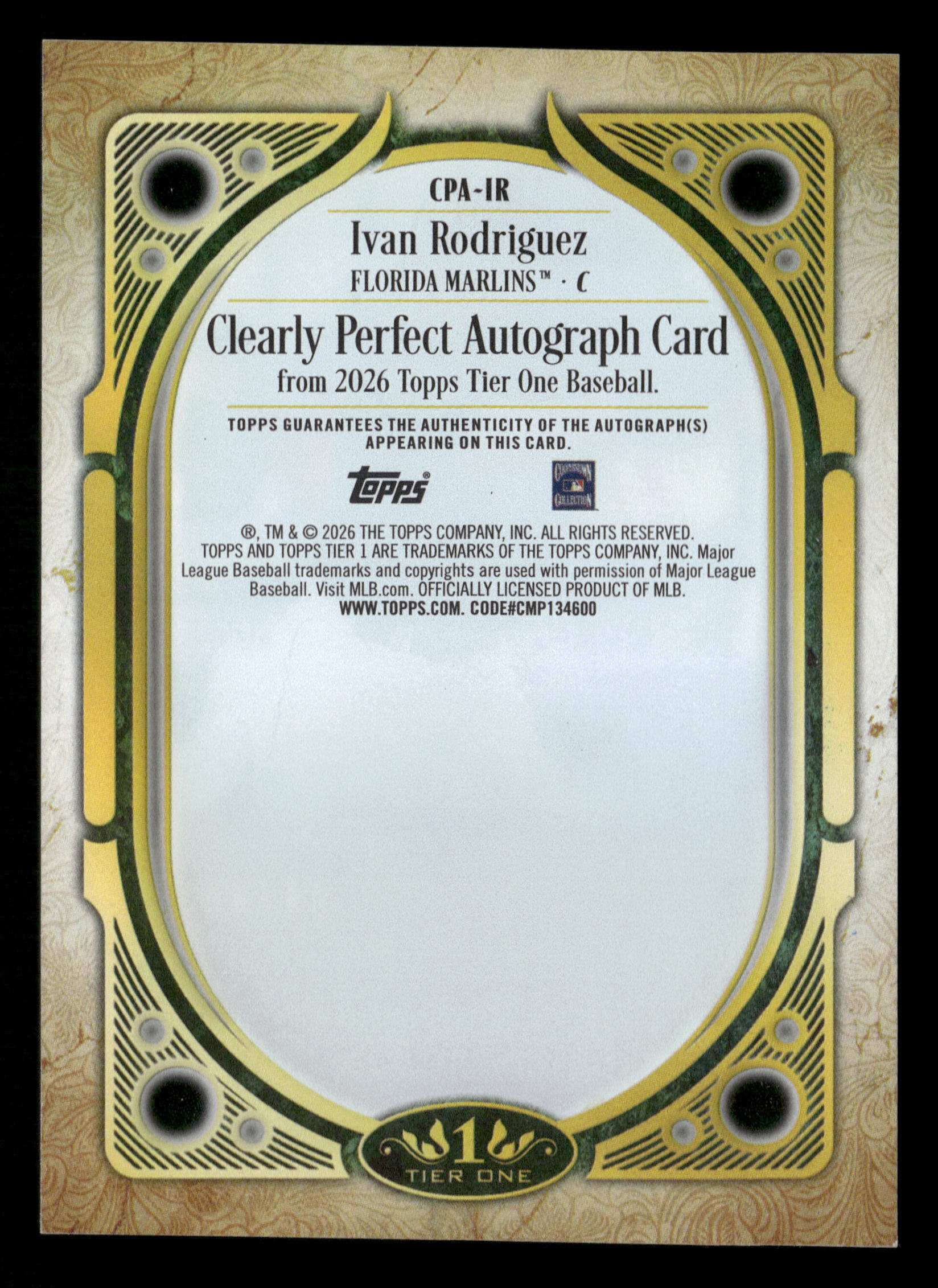 2026 Topps Tier One #CPA-IR Ivan Rodriguez Clearly Perfect Autographs #/49