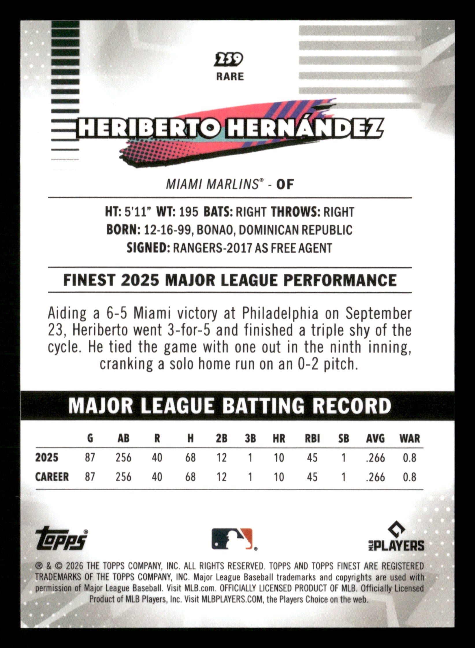 2026 Finest #259 Heriberto Hernández Orange Geometric Refractors #/25