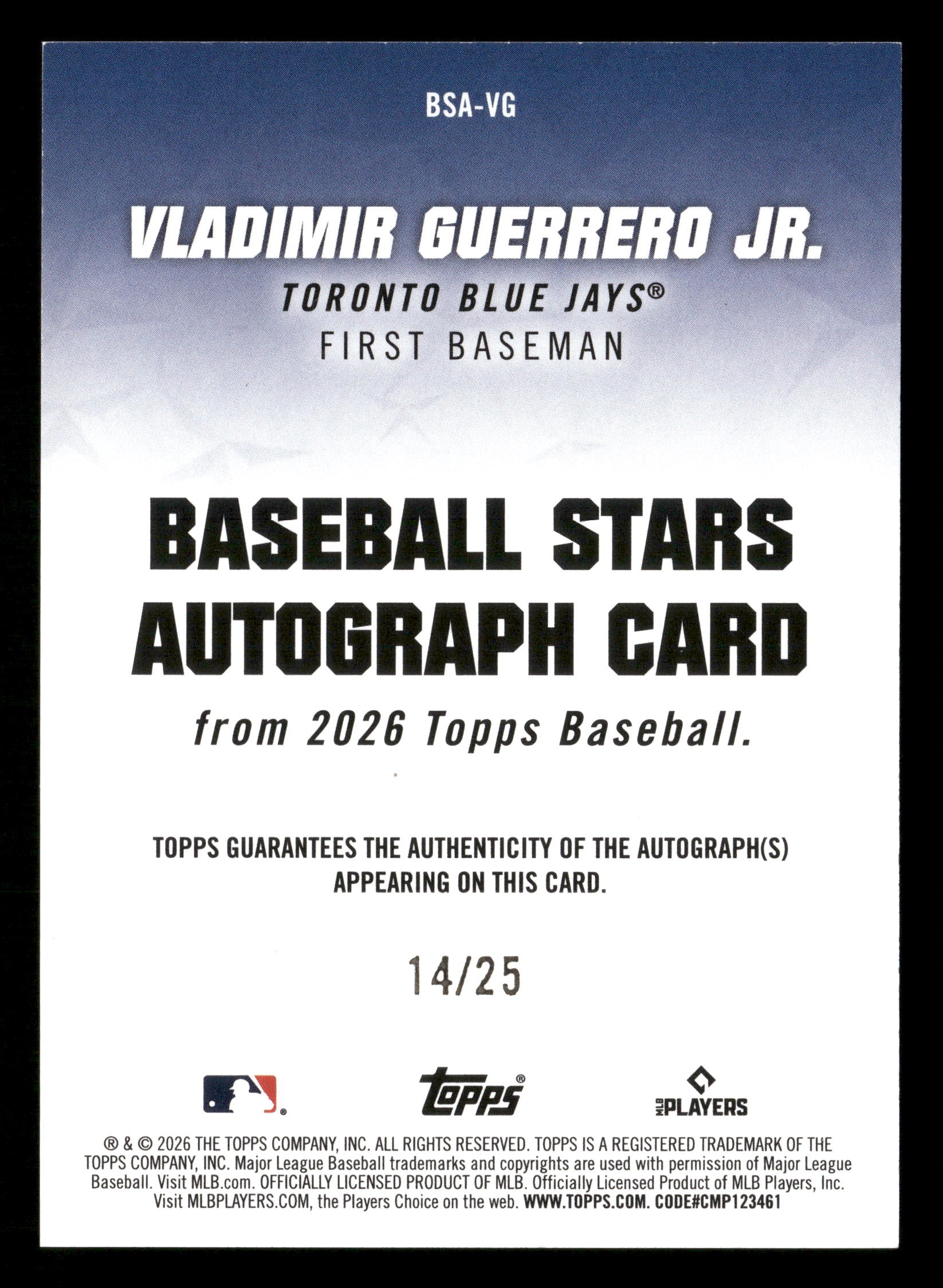 2026 Topps #BSA-VG Vladimir Guerrero Jr. Baseball Stars Autographs Orange #/25