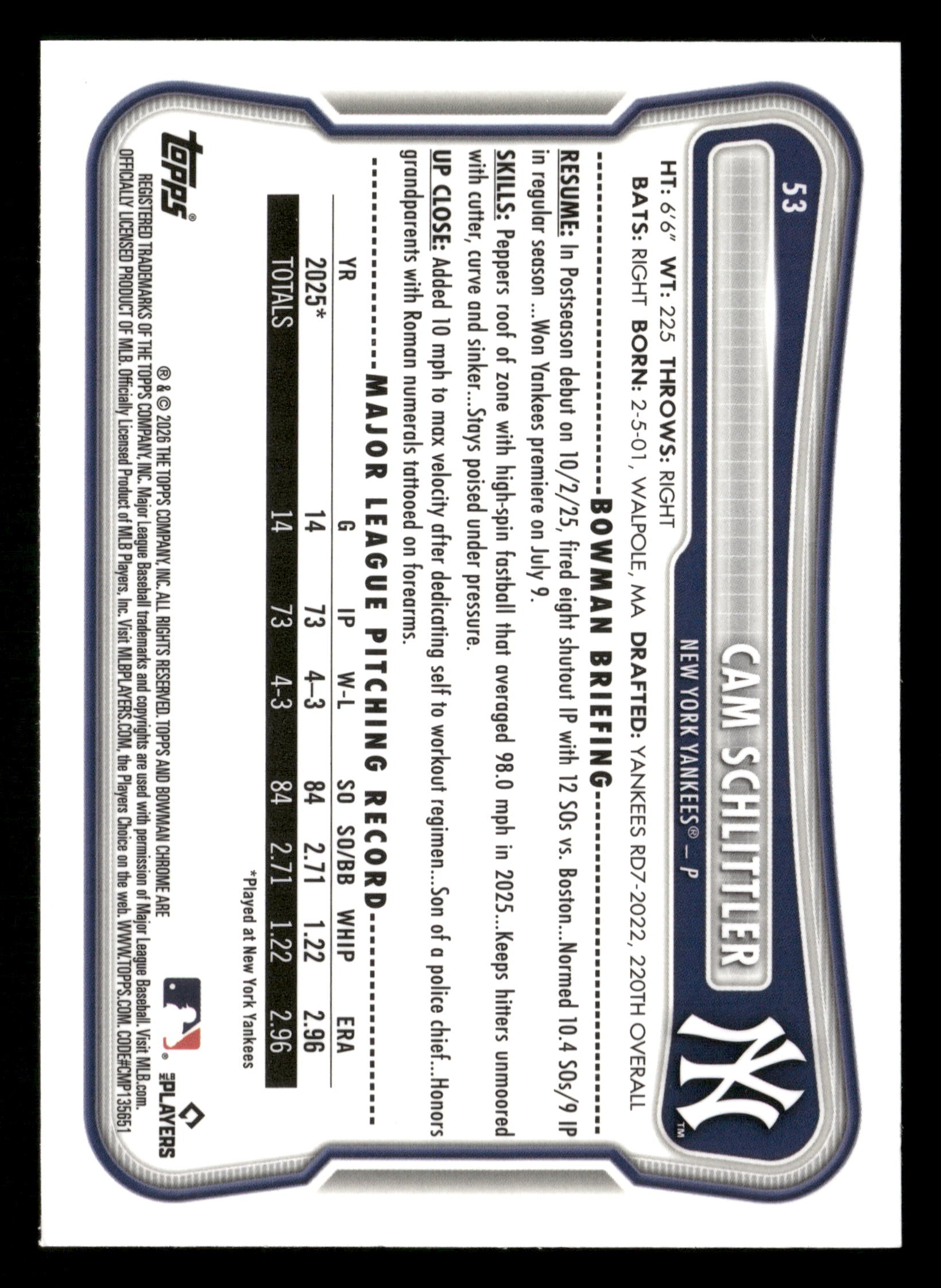 2026 Bowman #53 Cam Schlittler Chrome Mojo Refractors RC